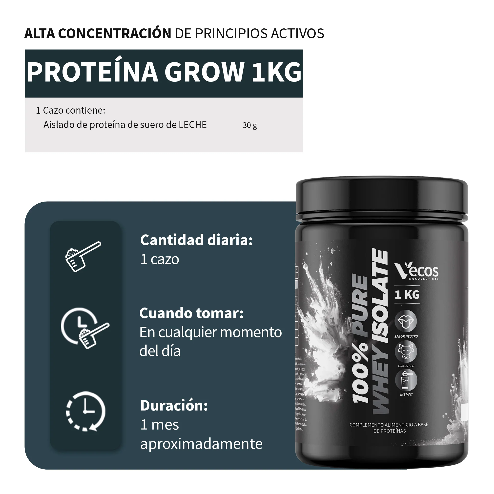 100% Pure Whey Isolate Vecos 1 Kg | Proteína Aislada Para Masa Muscular | 27,9 G Por Toma - Image 3