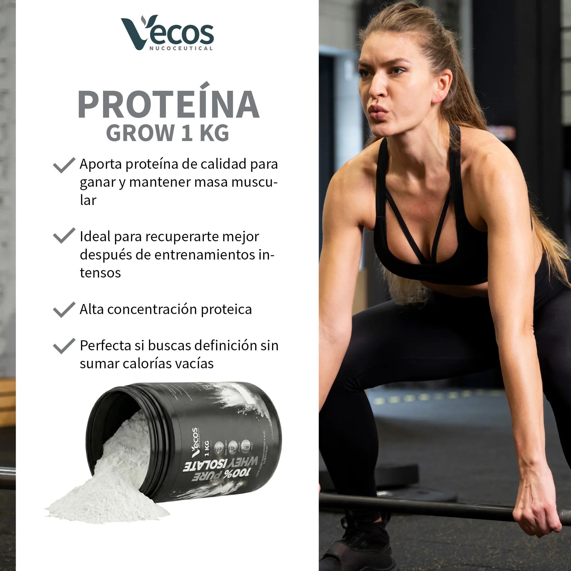 100% Pure Whey Isolate Vecos 1 Kg | Proteína Aislada Para Masa Muscular | 27,9 G Por Toma - Image 4