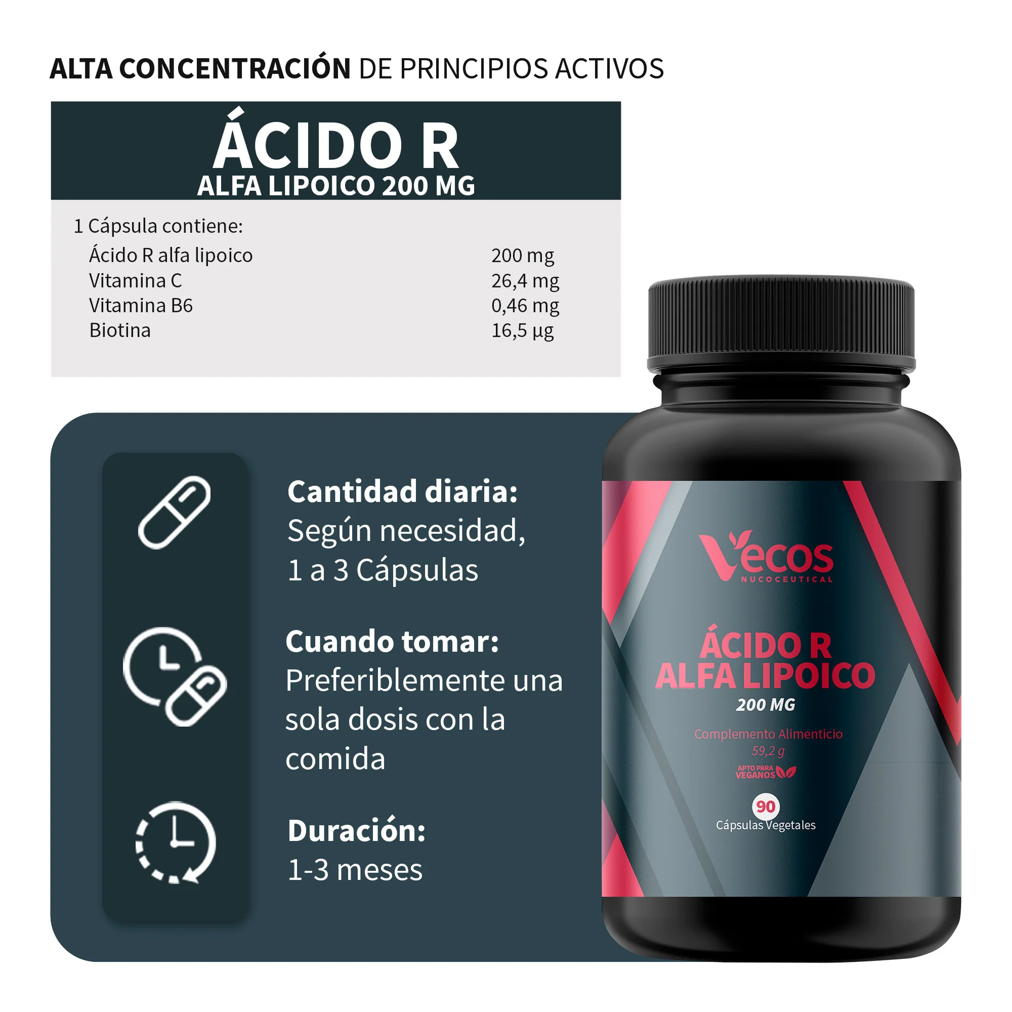 Ácido R Alfa Lipoico 200 Mg Vecos 90 Cápsulas | Antiedad Y Antioxidante Natural | Con Vitamina C + Protector Celular - Image 3