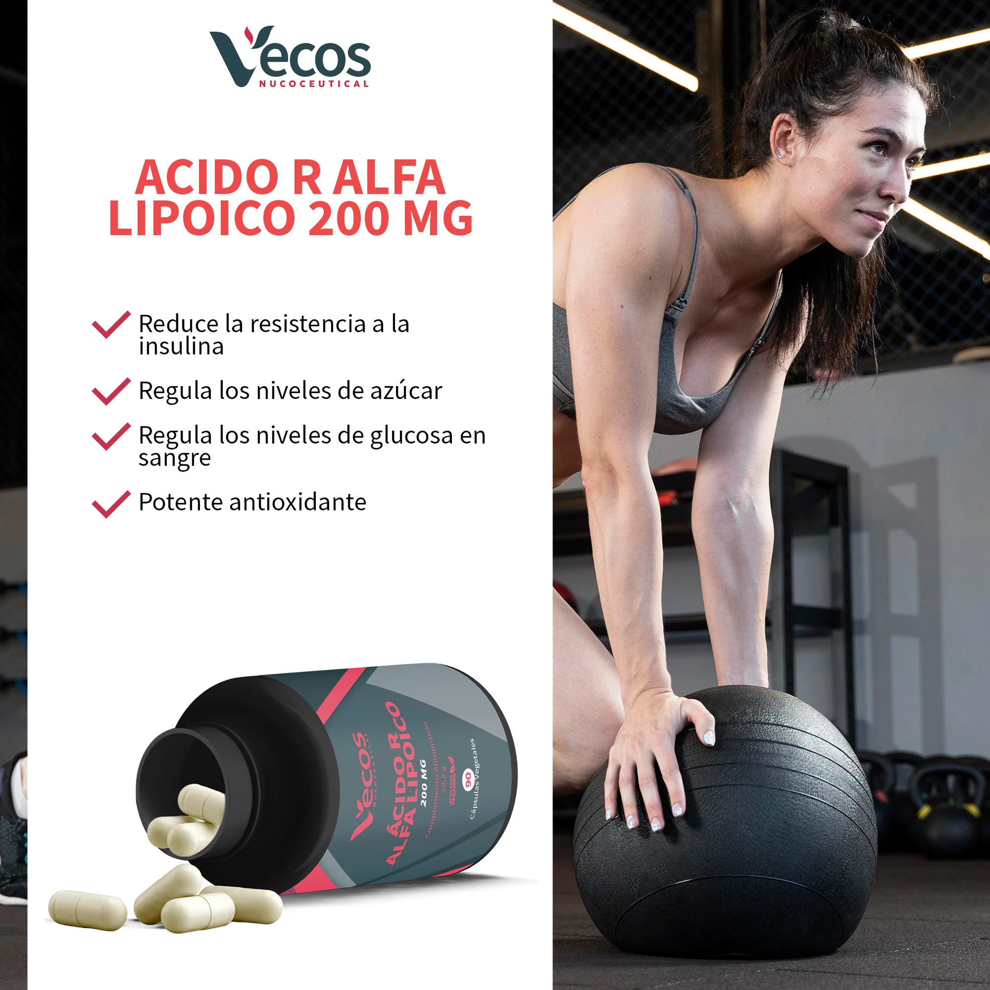 Ácido R Alfa Lipoico 200 Mg Vecos 90 Cápsulas | Antiedad Y Antioxidante Natural | Con Vitamina C + Protector Celular - Image 4
