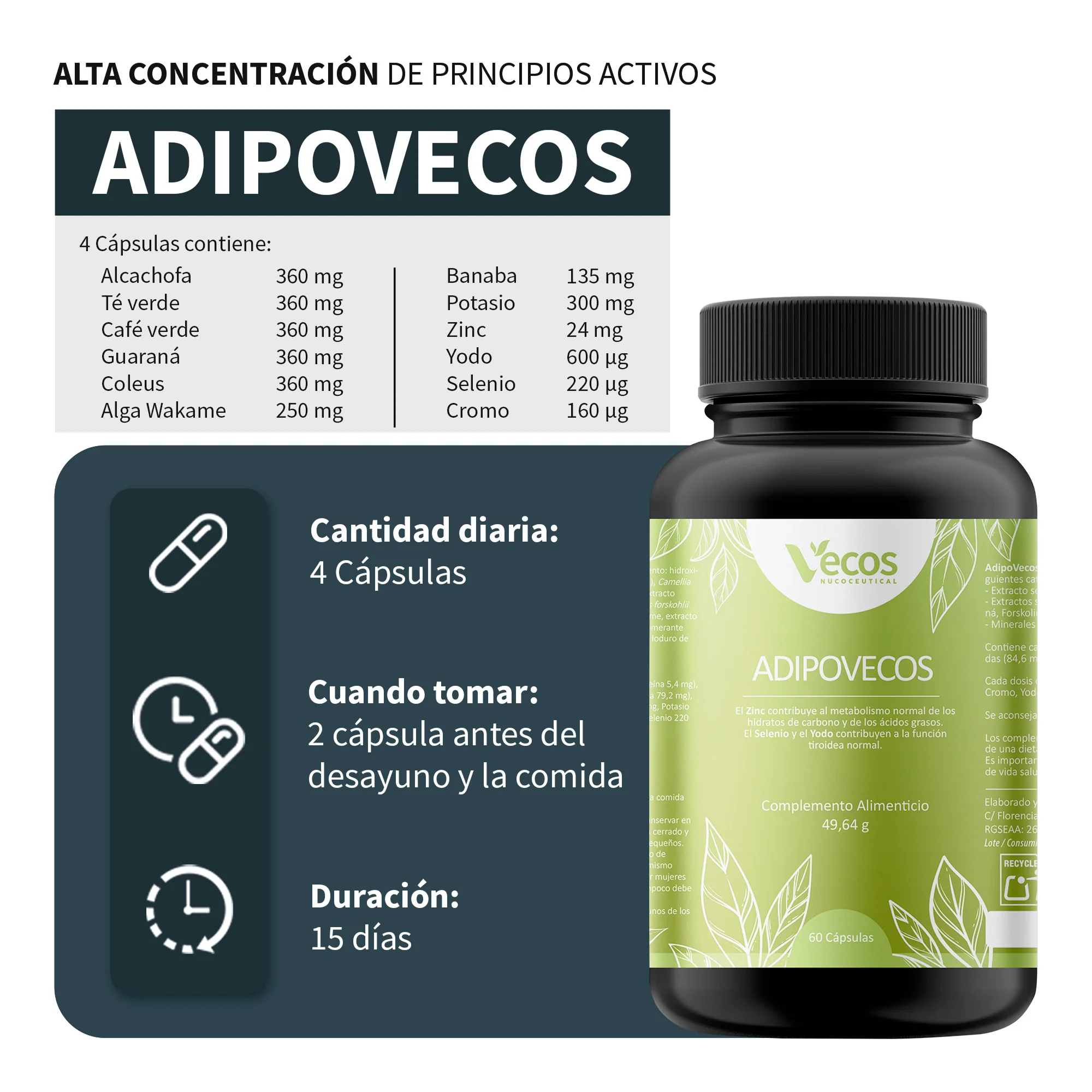 Adipovecos Vecos 60 Cápsulas | Quema De Grasa Y Control De Peso | Té Verde, Guaraná Y Forskolina - Image 3