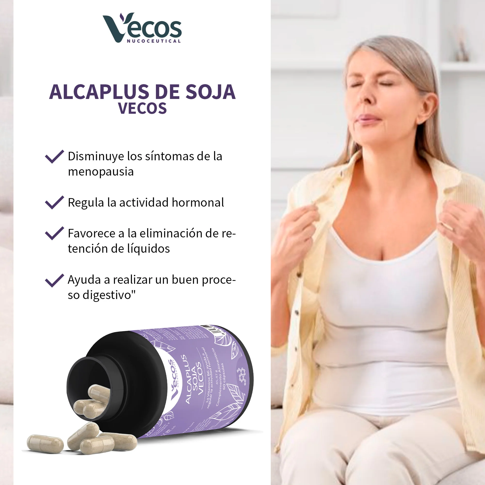 Alcaplus Soja Vecos 60 Cápsulas | Menopausia, Digestión Y Equilibrio Hormonal | Isoflavonas + Vitamina B6 - Image 4