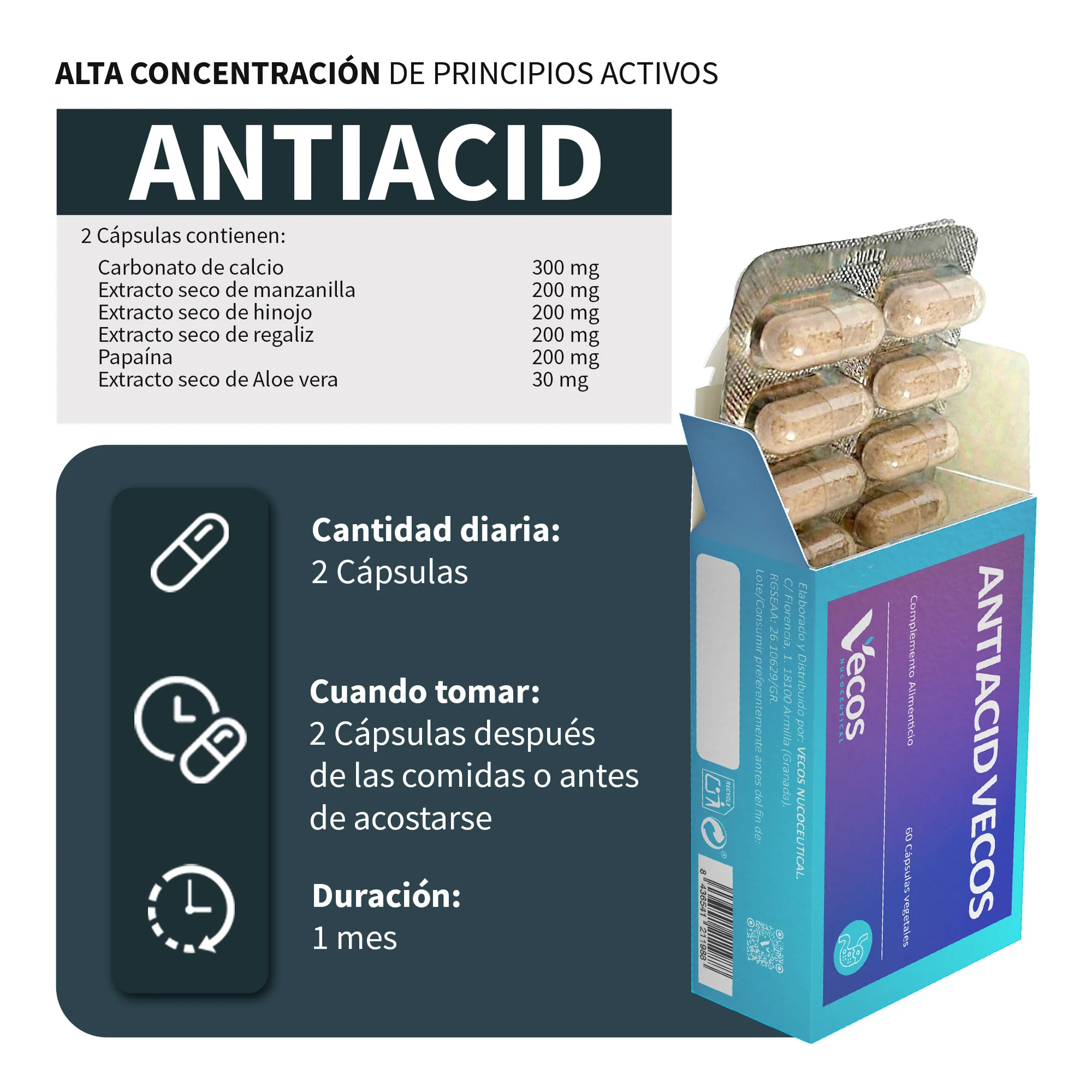 Antiacid Vecos 60 Cápsulas | Antiácido Y Antirreflujo | Alginato De Sodio Y Calcio - Image 3
