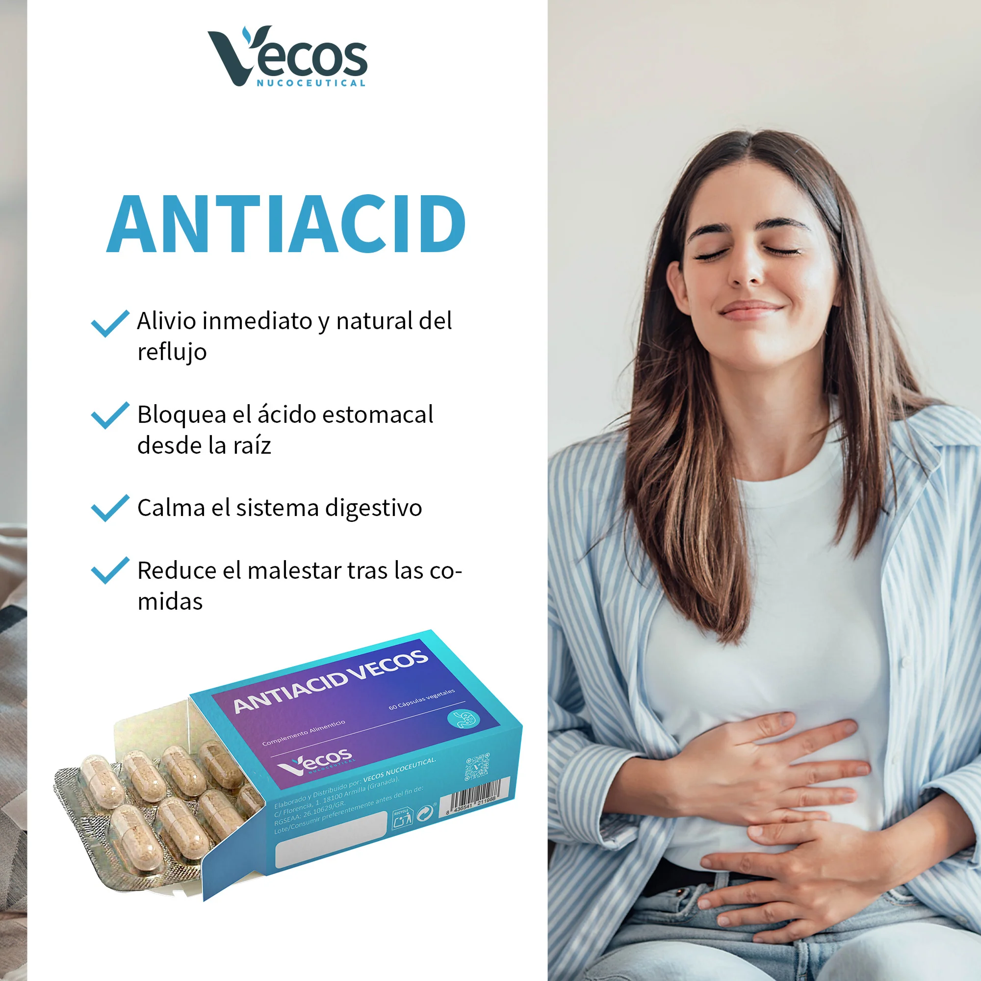 Antiacid Vecos 60 Cápsulas | Antiácido Y Antirreflujo | Alginato De Sodio Y Calcio - Image 4