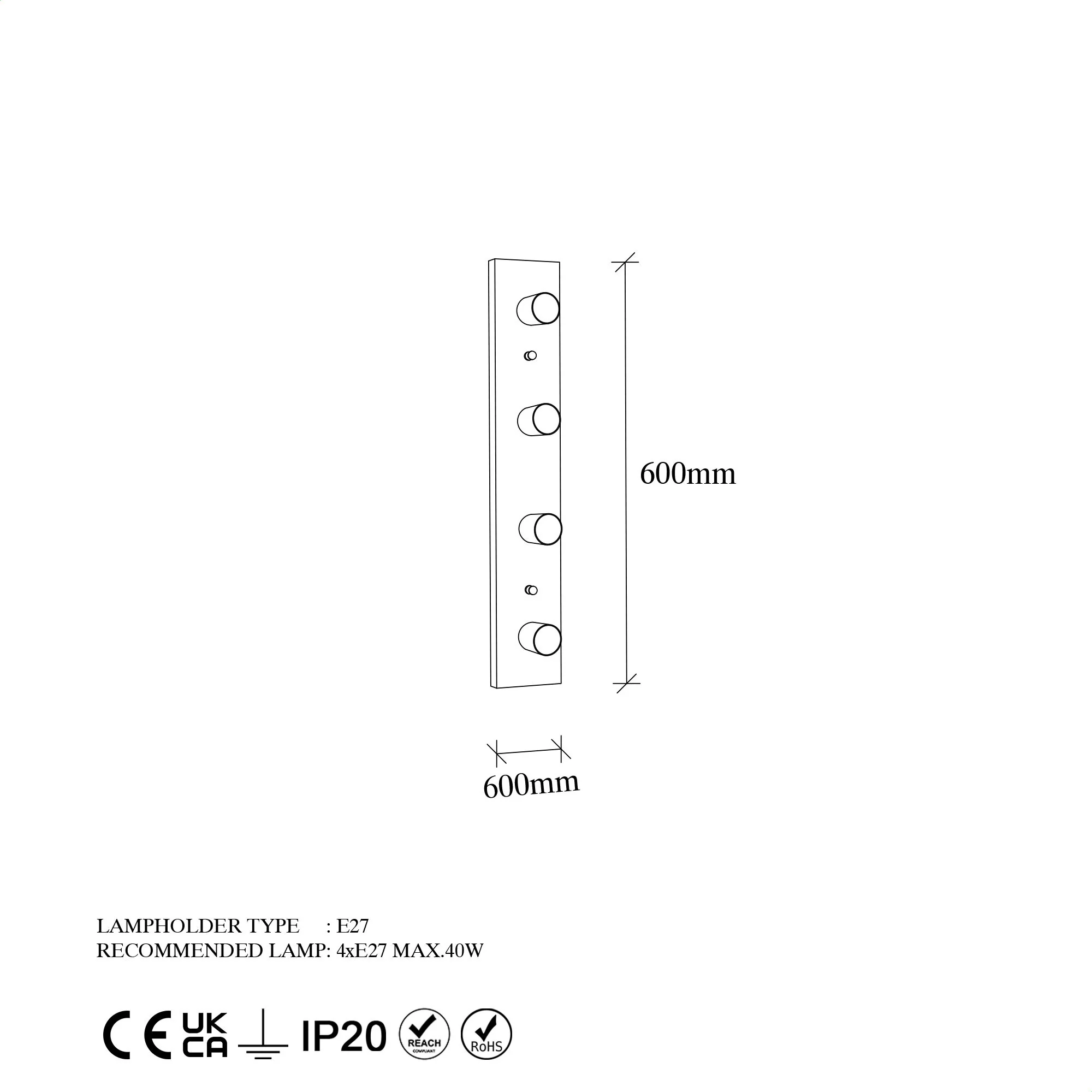 Aplique De Pared, Metal , Blanco, 10x10x60, Casquillo 4 X E27 Max 40 W - Image 2