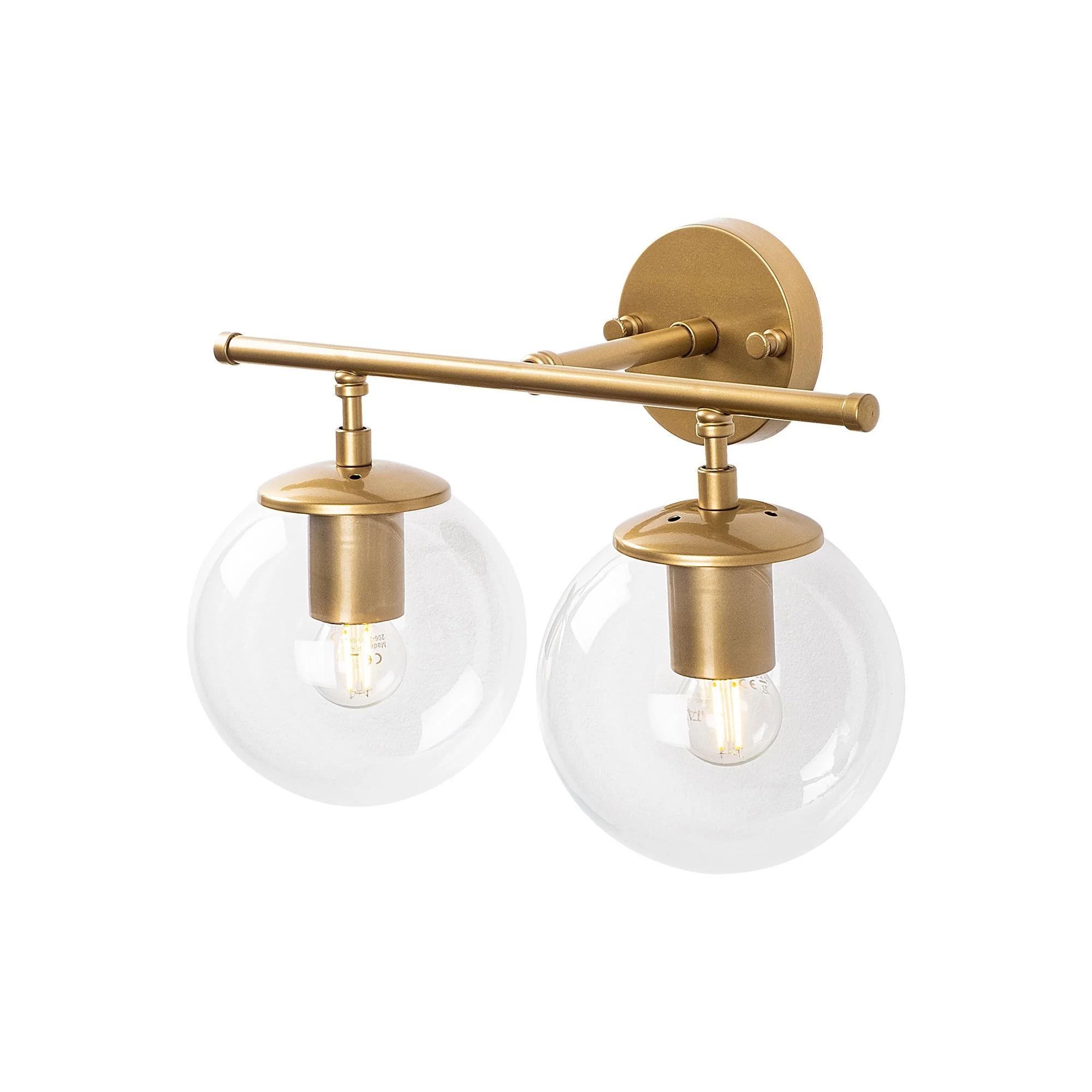Aplique De Pared, Recto 2 Transparente, Metal , Oro Brillante, 36x24x16, Casquillo 2 X E14 Max 40 W