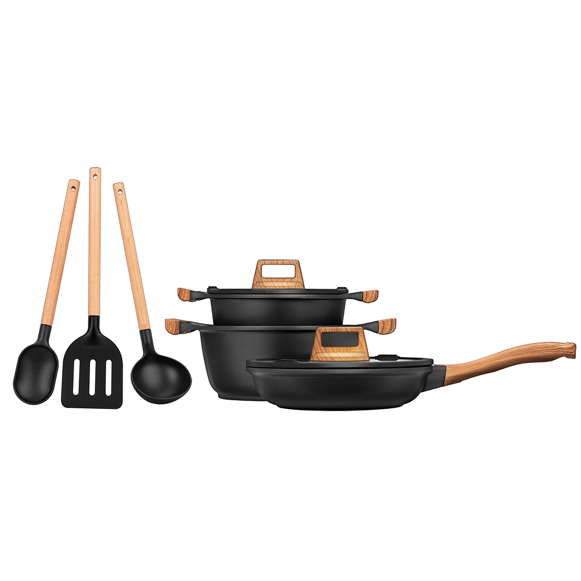 Batería Cocina Inducción Aluminio Fundido Antiadherente Sin Pfoa Set Cazuelas Sartén Utensilios Smile Mgk-23 Negro - Image 2