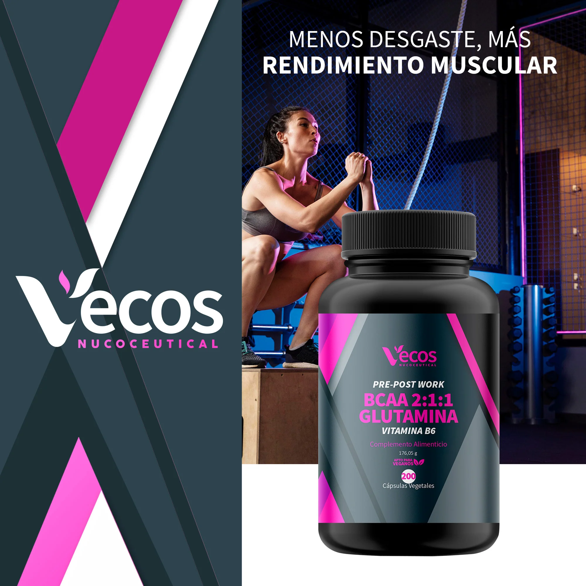 Bcaa 2:1:1 Vecos 200 Cápsulas | Recuperación Muscular Y Energía | Con Glutamina Y Vitamina B6 - Image 2