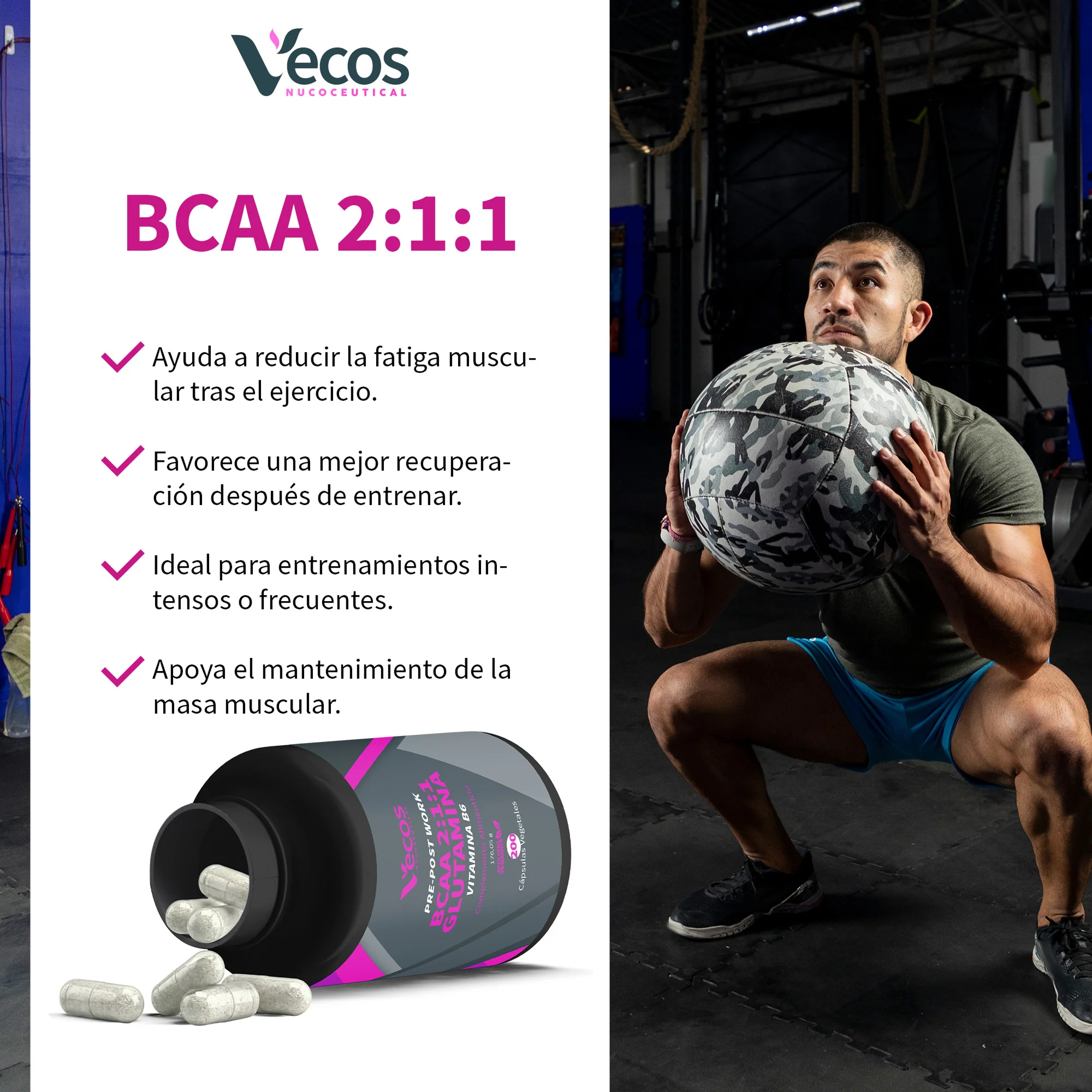 Bcaa 2:1:1 Vecos 200 Cápsulas | Recuperación Muscular Y Energía | Con Glutamina Y Vitamina B6 - Image 4