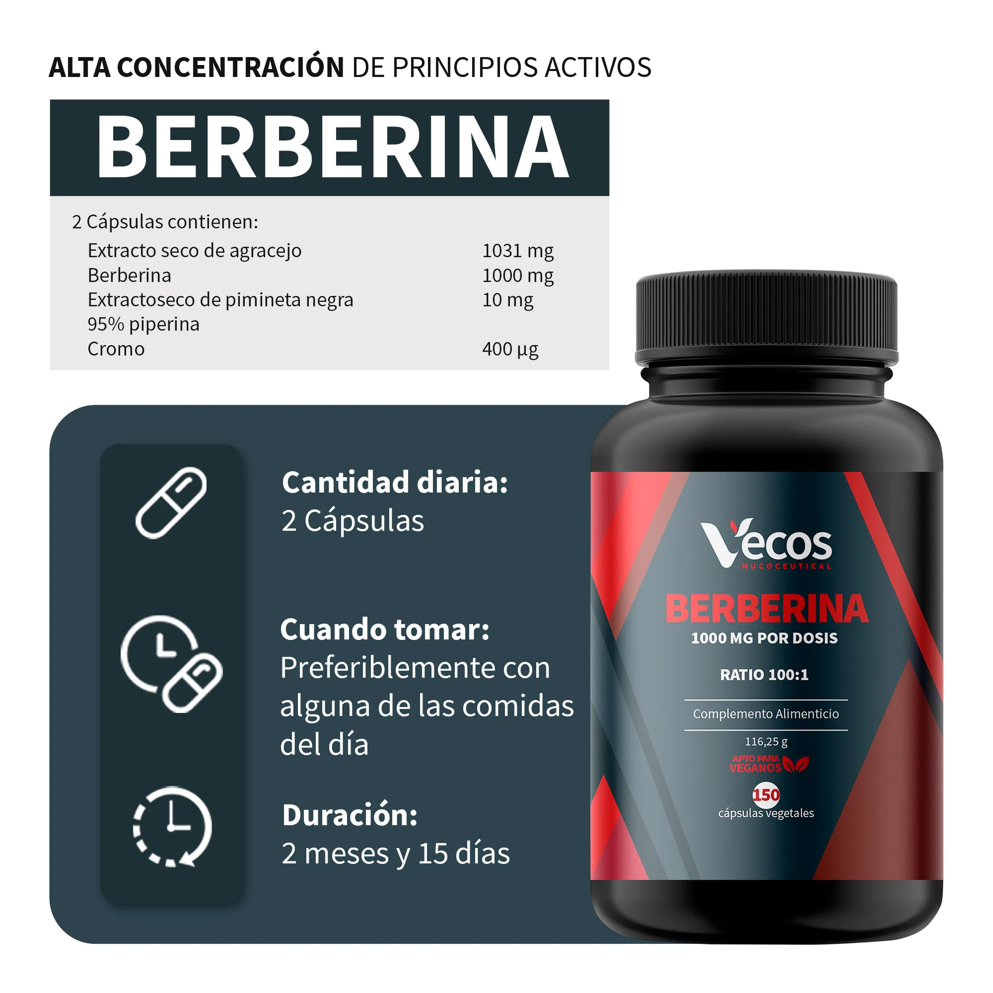 Berberina 1000 Mg 100:1 Vecos 150 Cápsulas | Control De Glucosa Y Metabolismo | Con Cromo Y Piperina 95% - Image 3