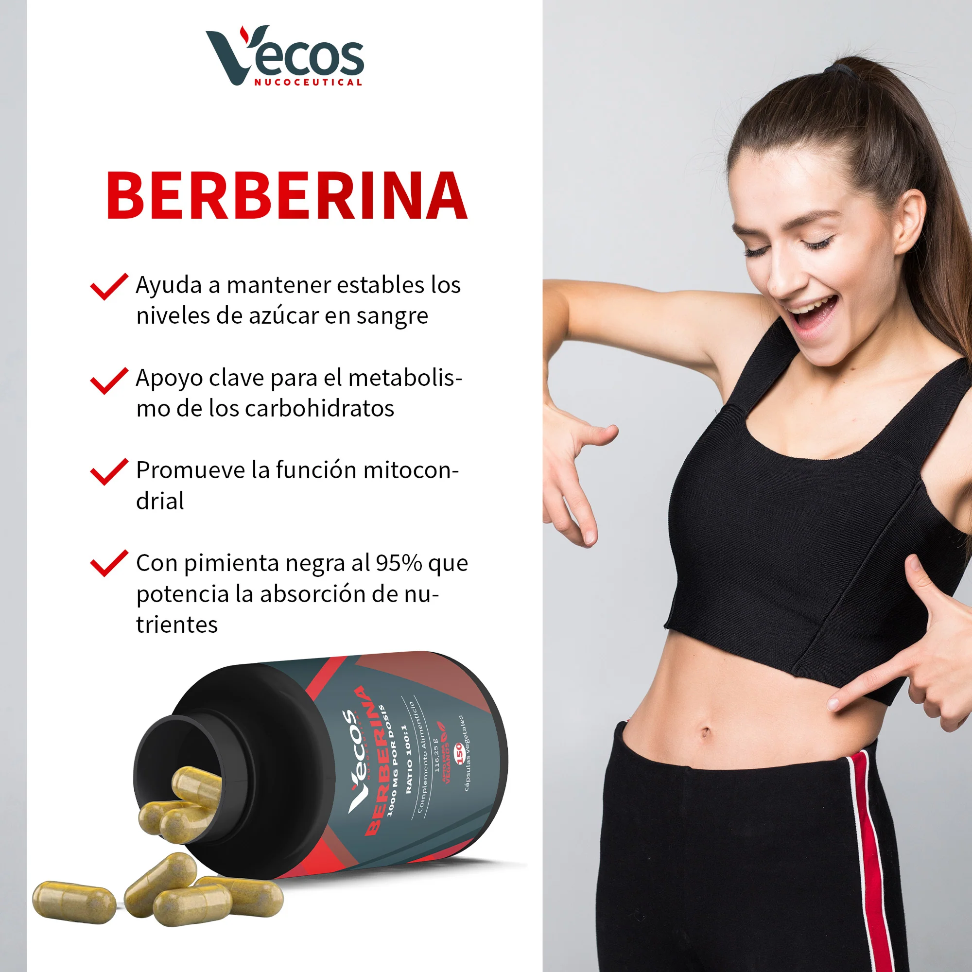 Berberina 1000 Mg 100:1 Vecos 150 Cápsulas | Control De Glucosa Y Metabolismo | Con Cromo Y Piperina 95% - Image 4