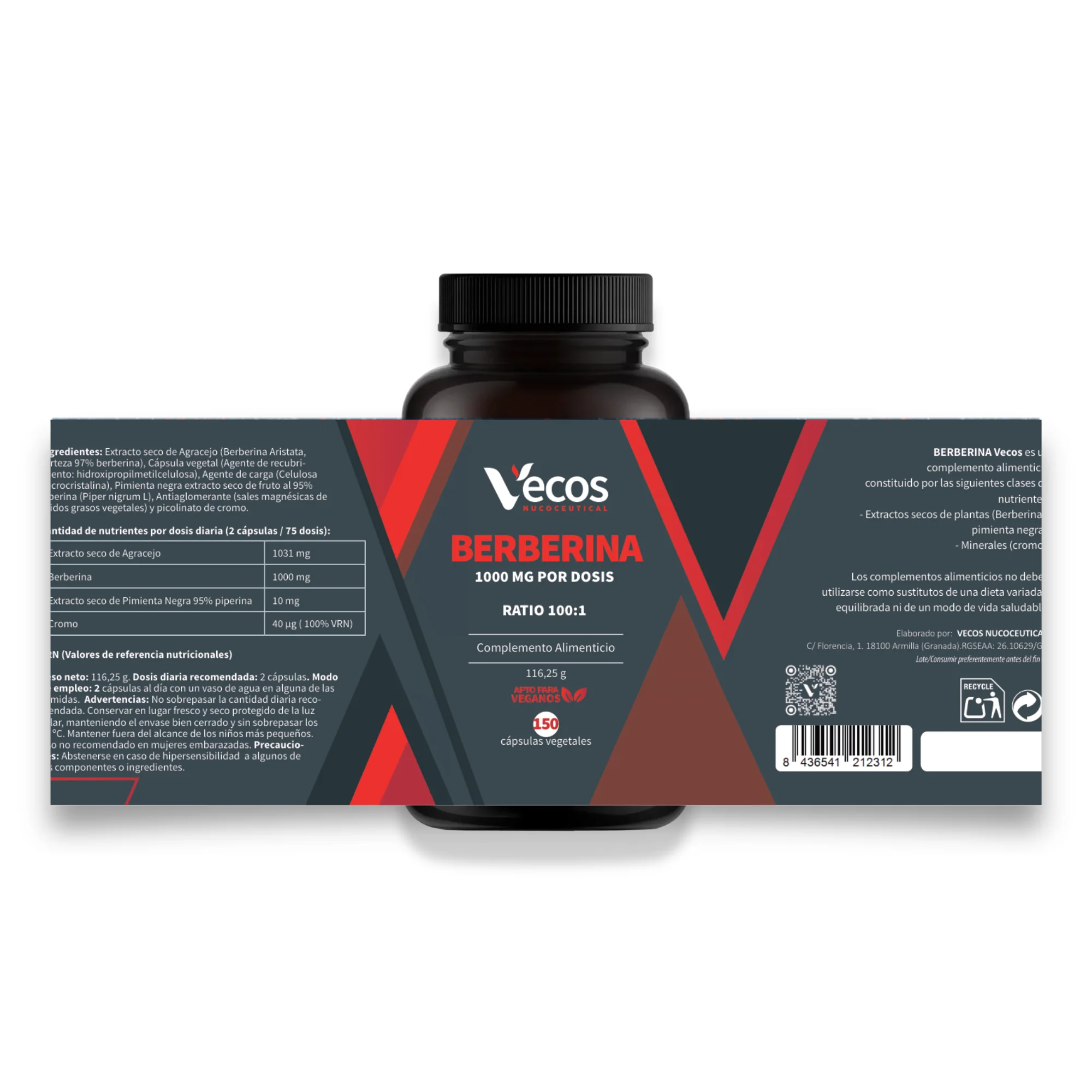 Berberina 1000 Mg 100:1 Vecos 150 Cápsulas | Control De Glucosa Y Metabolismo | Con Cromo Y Piperina 95% - Image 5