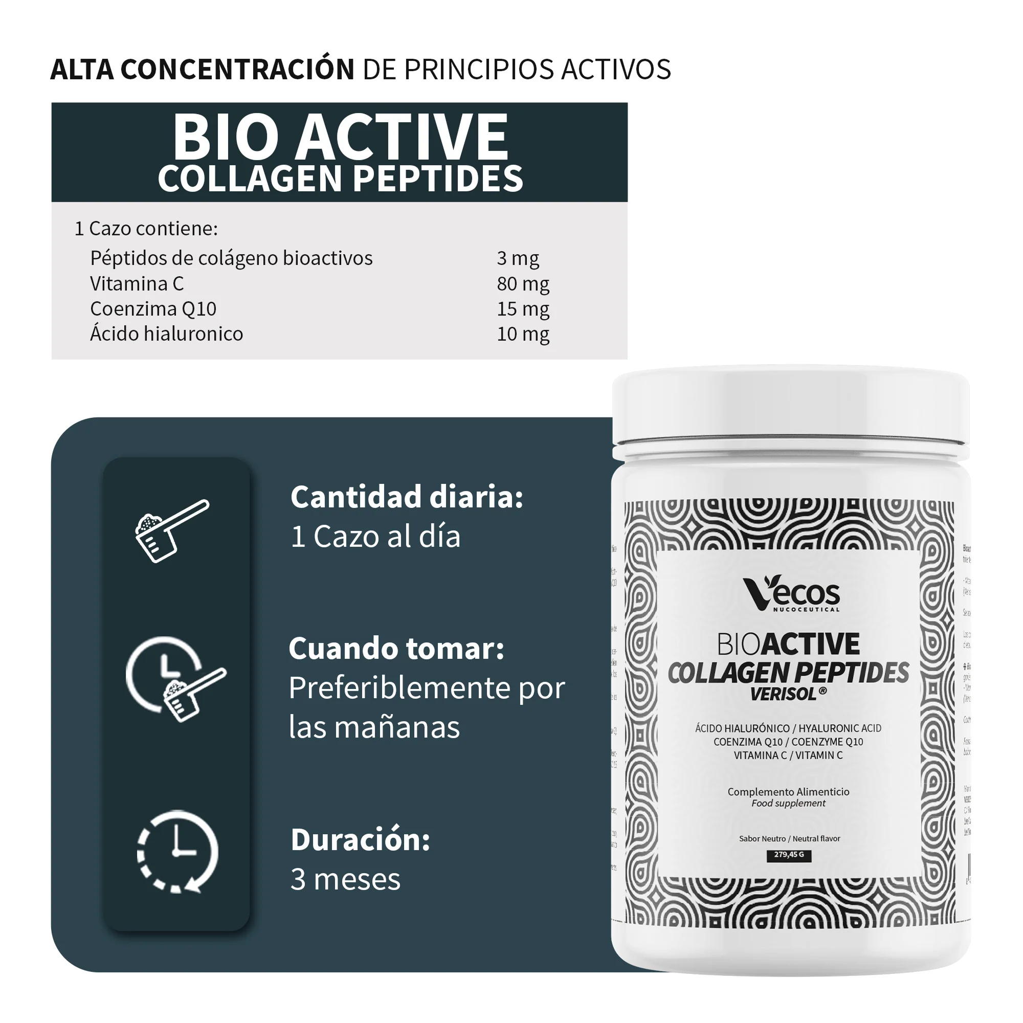 Bioactive Collagen Peptides Vecos 270 G | Colágeno Y Cuidado De La Piel | Verisol®, Ácido Hialurónico Y Coq10 - Image 3