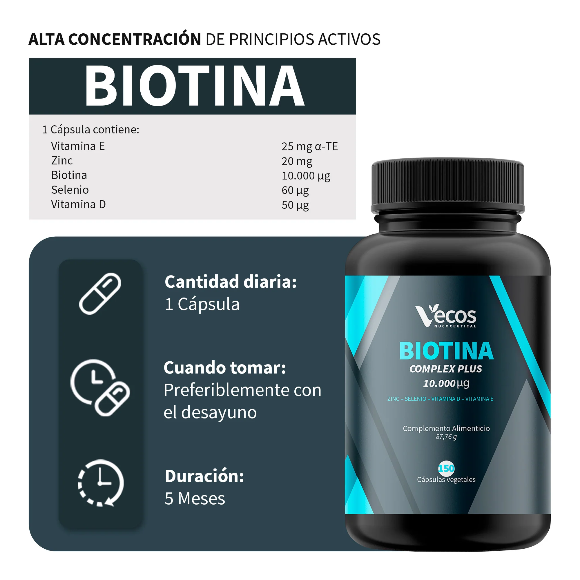 Biotina 10000 Mcg Vecos 150 Cápsulas | Anticaída Del Cabello, Cuidado De Piel Y Uñas - Image 3