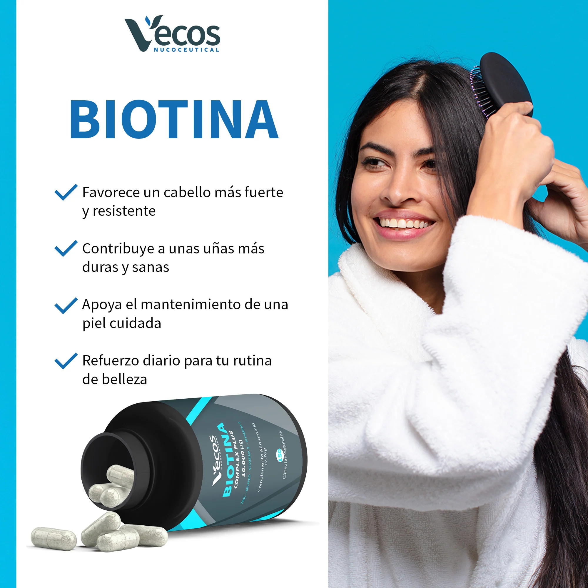 Biotina 10000 Mcg Vecos 150 Cápsulas | Anticaída Del Cabello, Cuidado De Piel Y Uñas - Image 4