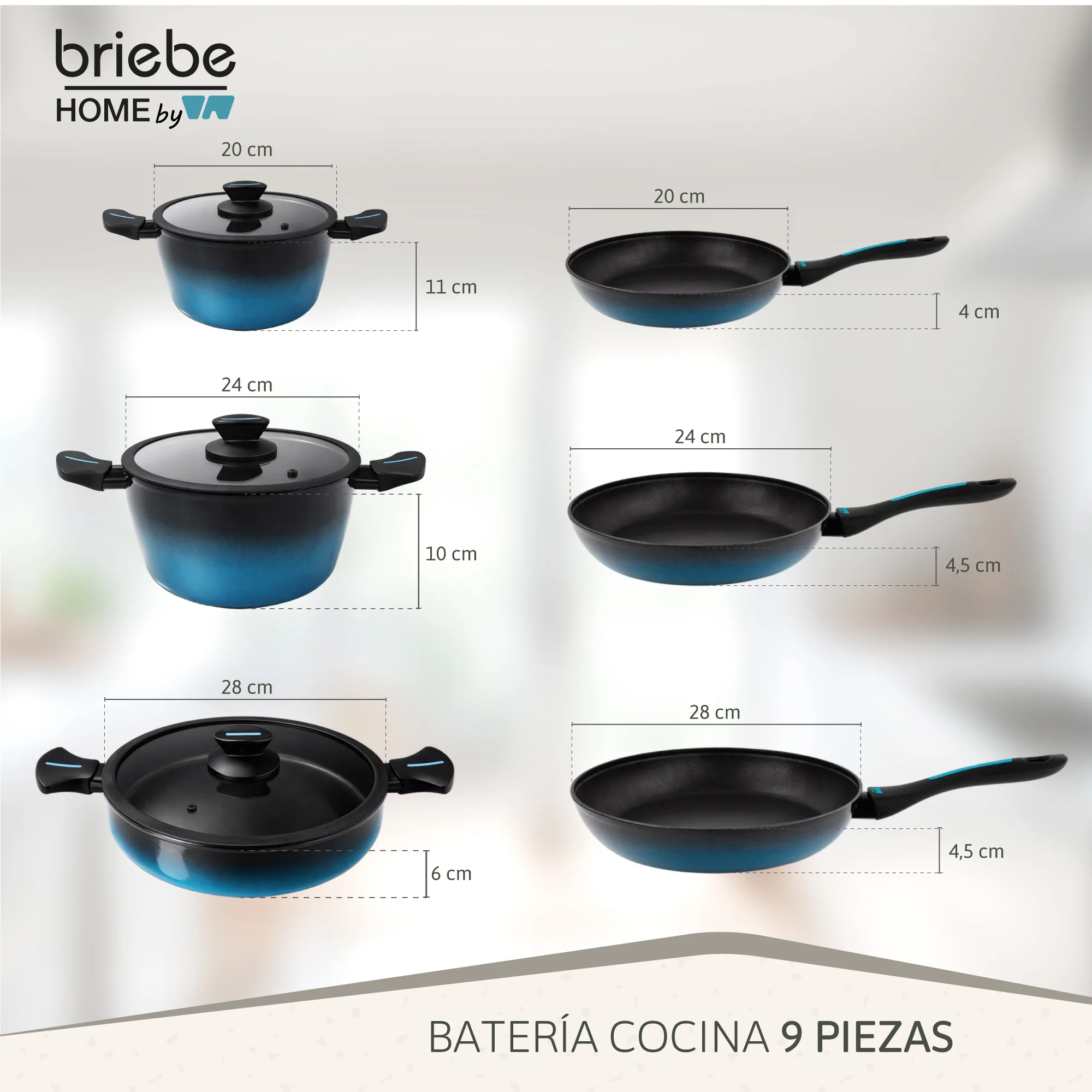 Briebe Batería Cocina Inducción Acero Forjado 9 Piezas Antiadherente Sin Pfoa, Fabricada En España, Mare, Azul - Image 6