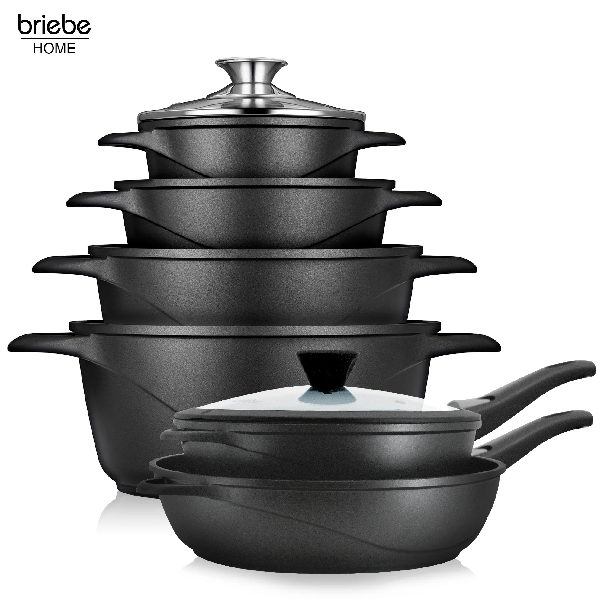 Briebe Batería De Cocina Inducción 12 Piezas Aluminio Fundido 4 Ollas 2 Sartenes Antiadherente Tapas, Mgk1219, Negro