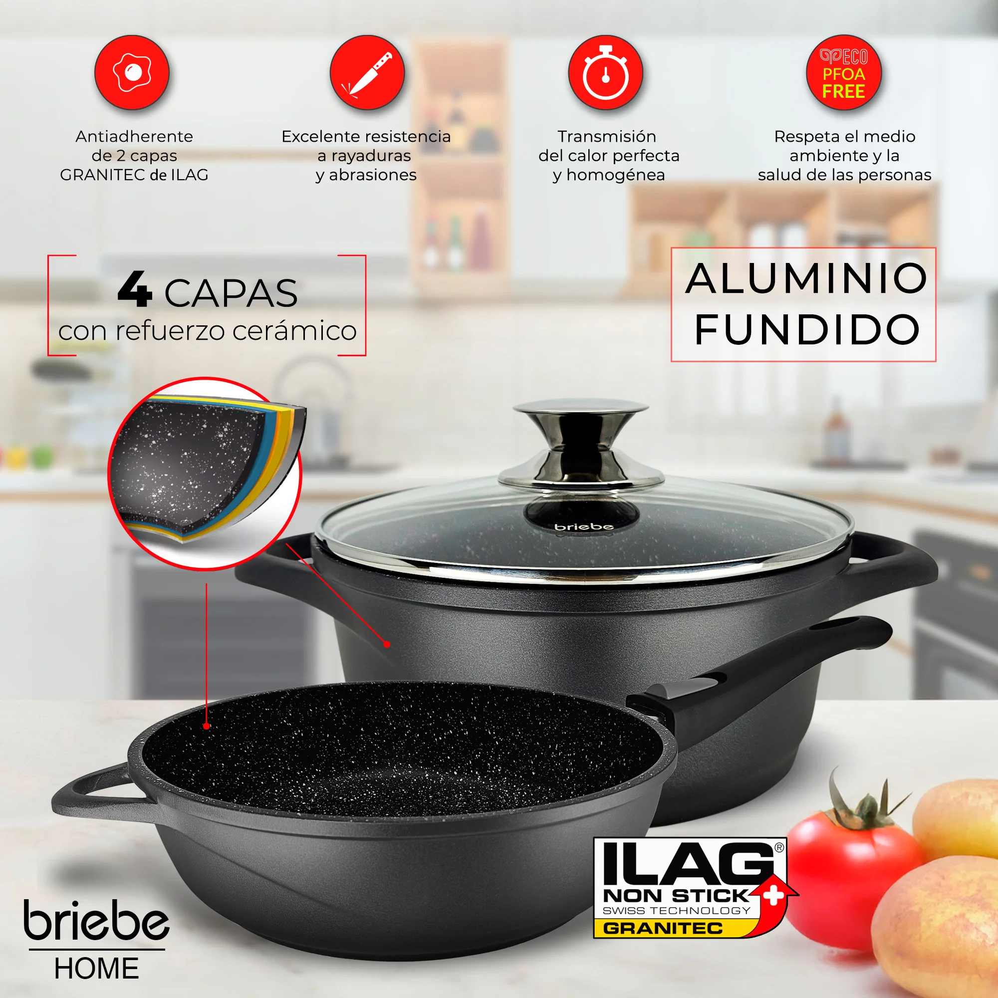 Briebe Batería De Cocina Inducción 12 Piezas Aluminio Fundido 4 Ollas 2 Sartenes Antiadherente Tapas, Mgk1219, Negro - Image 3