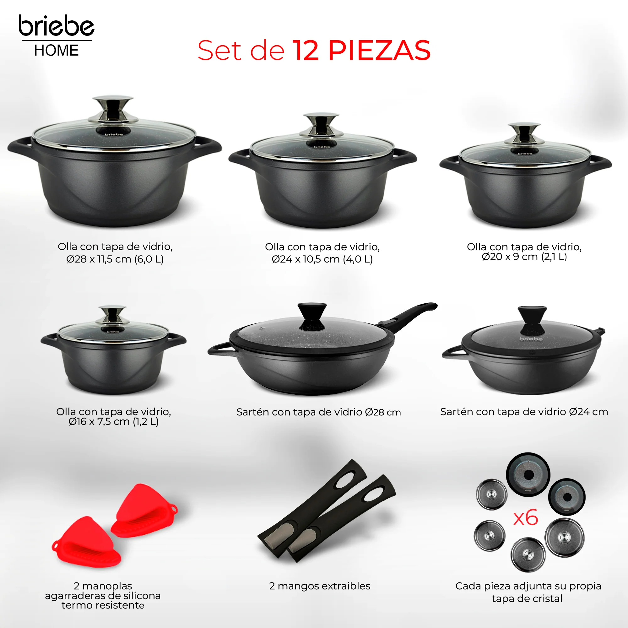 Briebe Batería De Cocina Inducción 12 Piezas Aluminio Fundido 4 Ollas 2 Sartenes Antiadherente Tapas, Mgk1219, Negro - Image 4