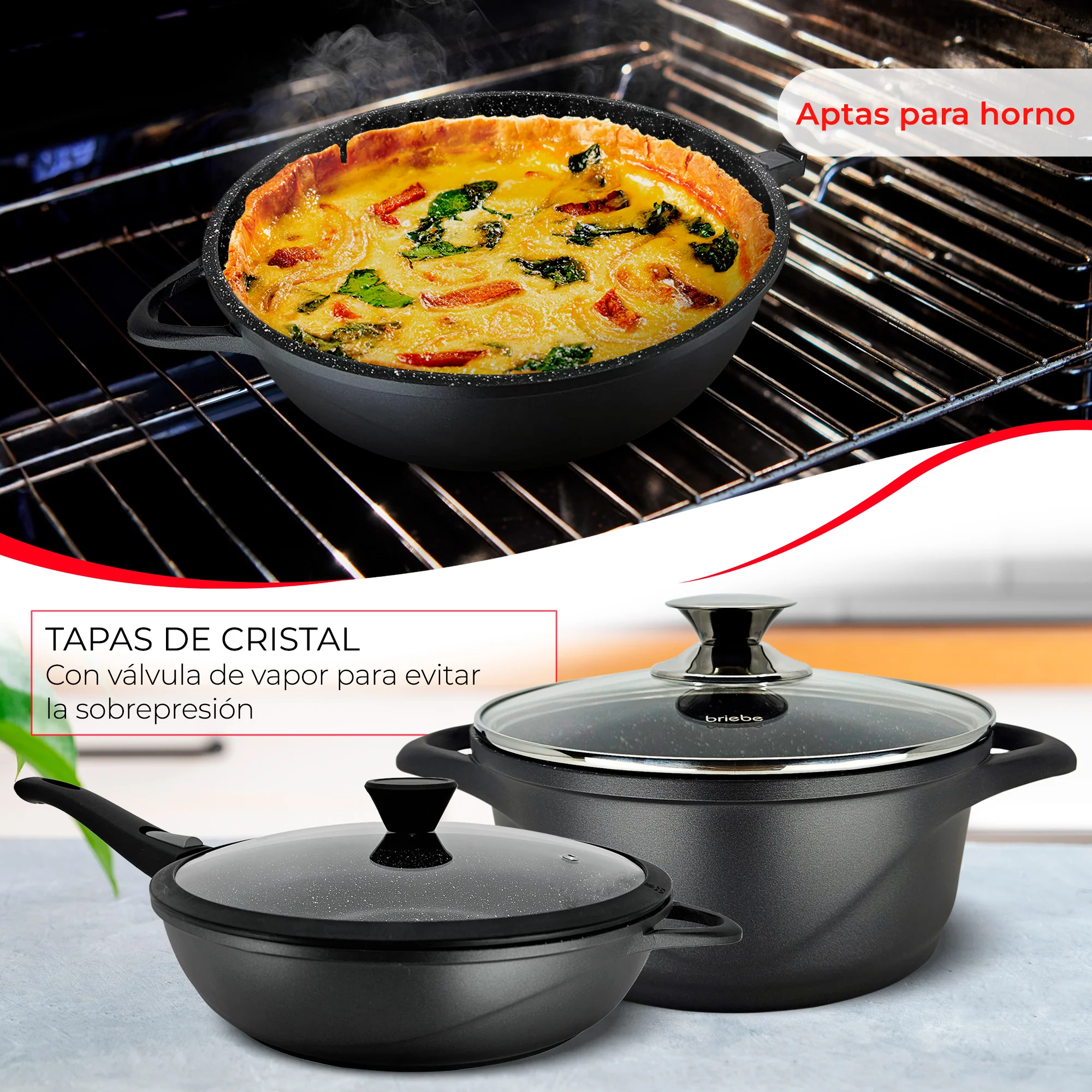 Briebe Batería De Cocina Inducción 12 Piezas Aluminio Fundido 4 Ollas 2 Sartenes Antiadherente Tapas, Mgk1219, Negro - Image 6