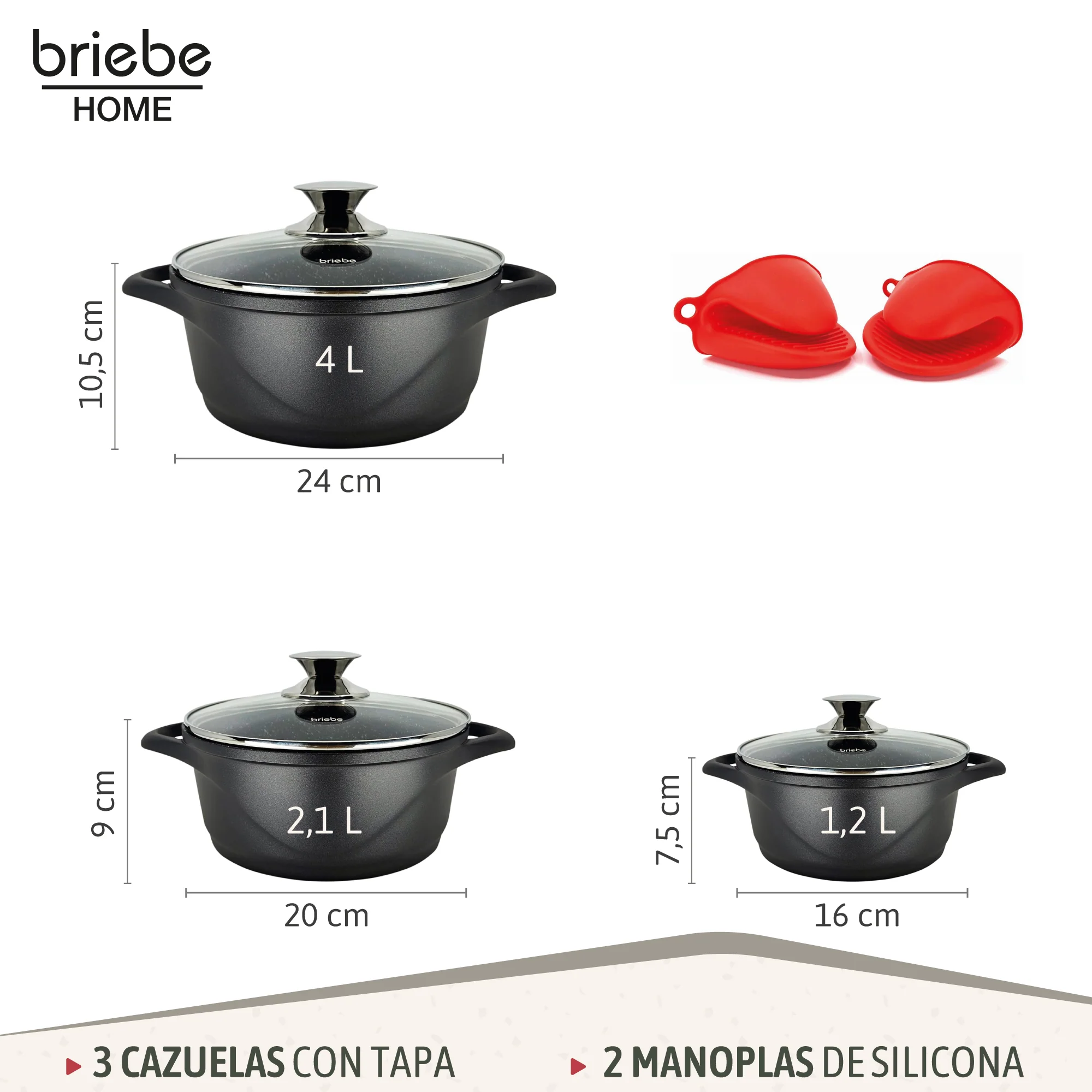 Briebe Batería De Cocina Inducción 6 Piezas Aluminio Fundido 3 Ollas Con Tapa De Cristal Antiadherente, Mgk-18, Negro - Image 3
