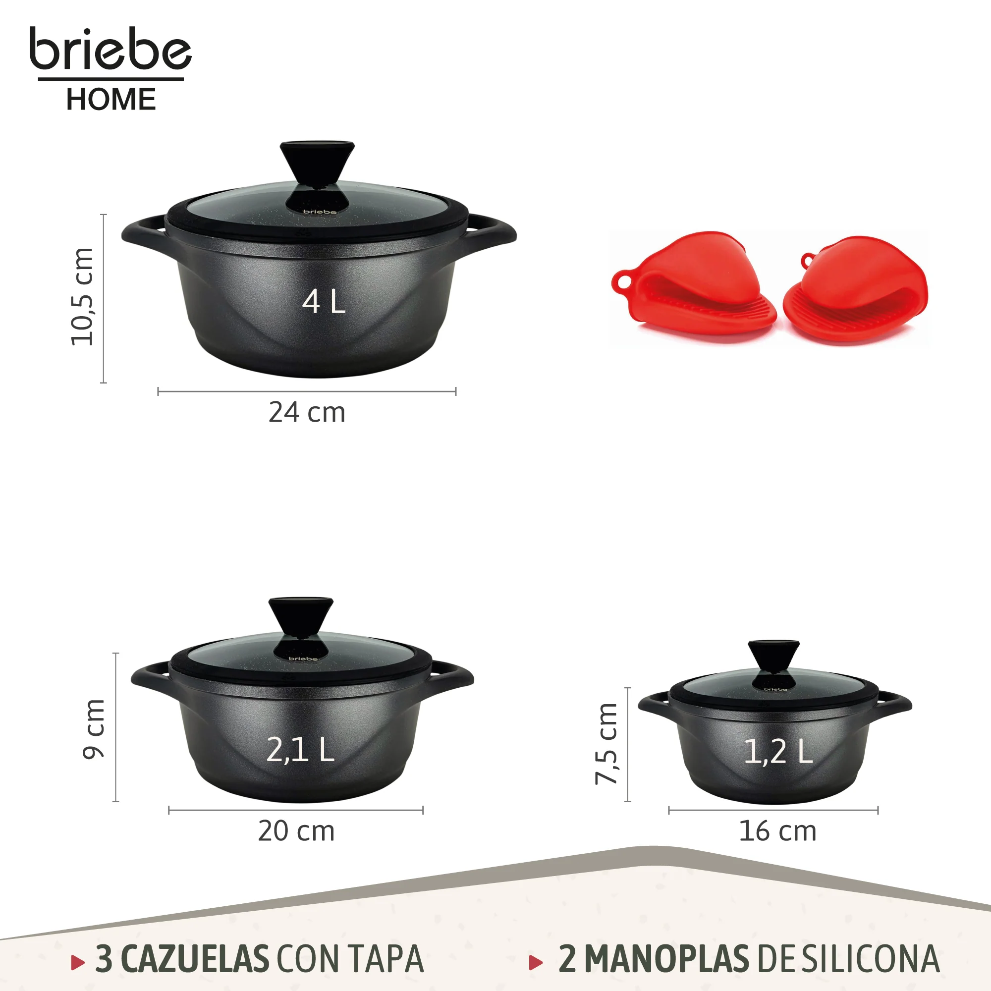 Briebe Batería De Cocina Inducción 6 Piezas Aluminio Fundido 3 Ollas Con Tapa De Cristal Antiadherente, Mgk-18s, Negro - Image 3