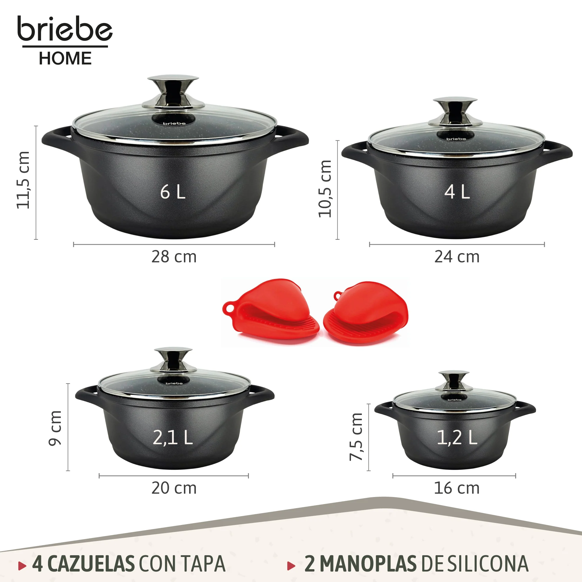 Briebe Batería De Cocina Inducción 8 Piezas Aluminio Fundido 4 Ollas Con Tapa De Cristal Antiadherente, Mgk-12, Negro - Image 3