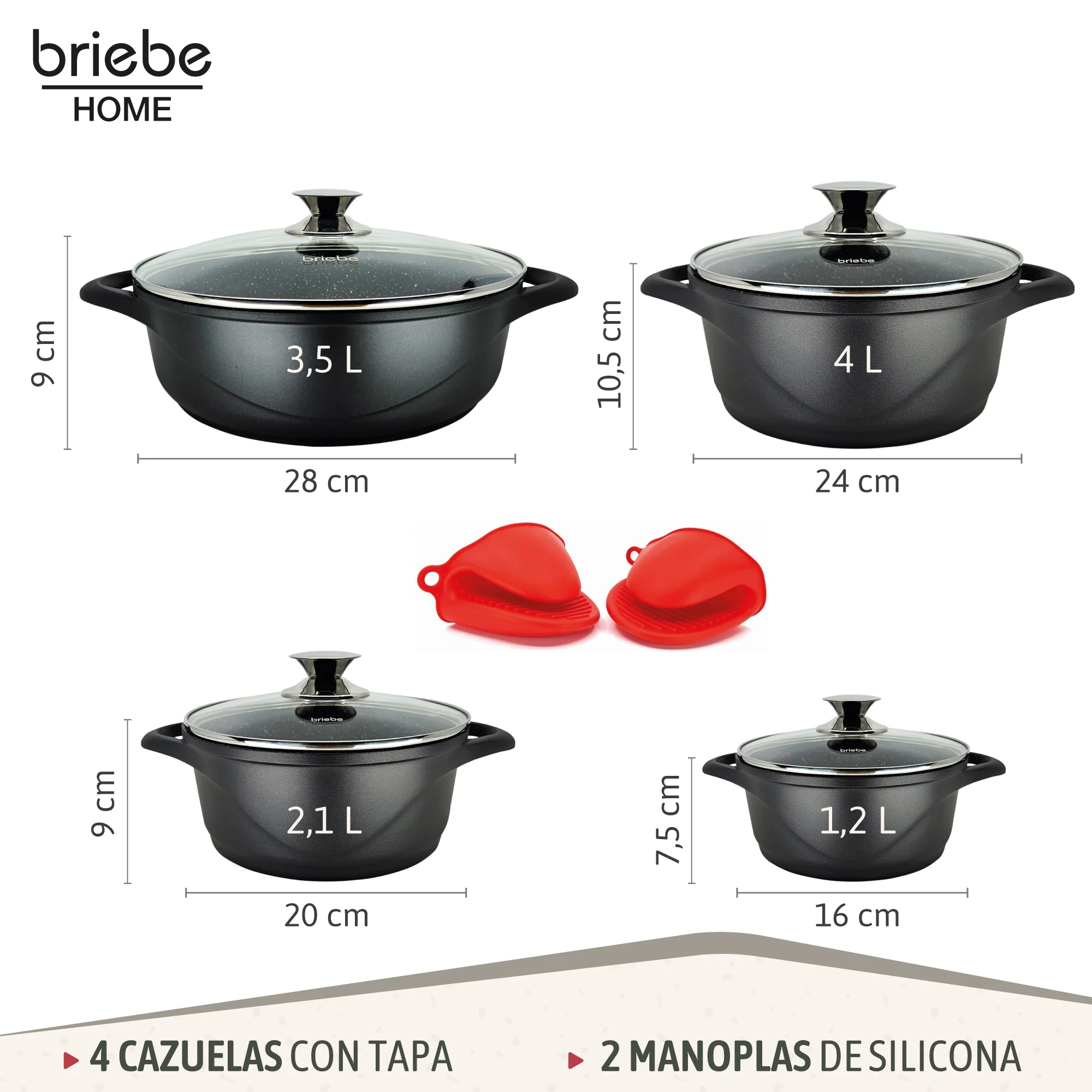 Briebe Batería De Cocina Inducción 8 Piezas Aluminio Fundido 4 Ollas Con Tapa De Cristal Antiadherente, Mgk-17, Negro - Image 3