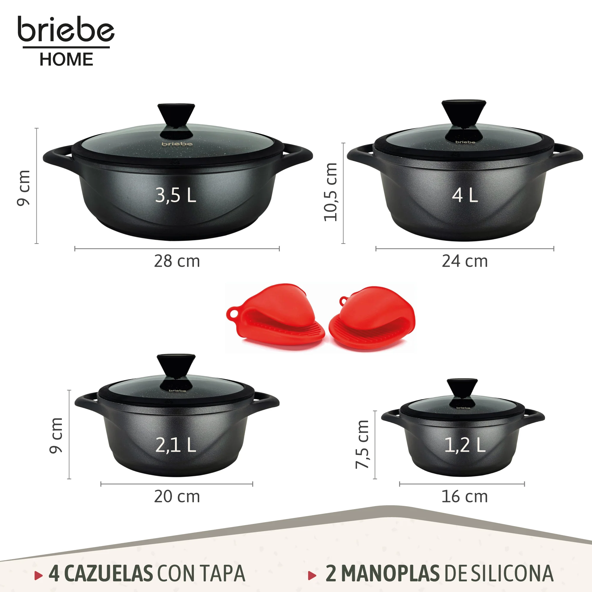 Briebe Batería De Cocina Inducción 8 Piezas Aluminio Fundido 4 Ollas Con Tapa De Cristal Antiadherente, Mgk-17s, Negro - Image 3