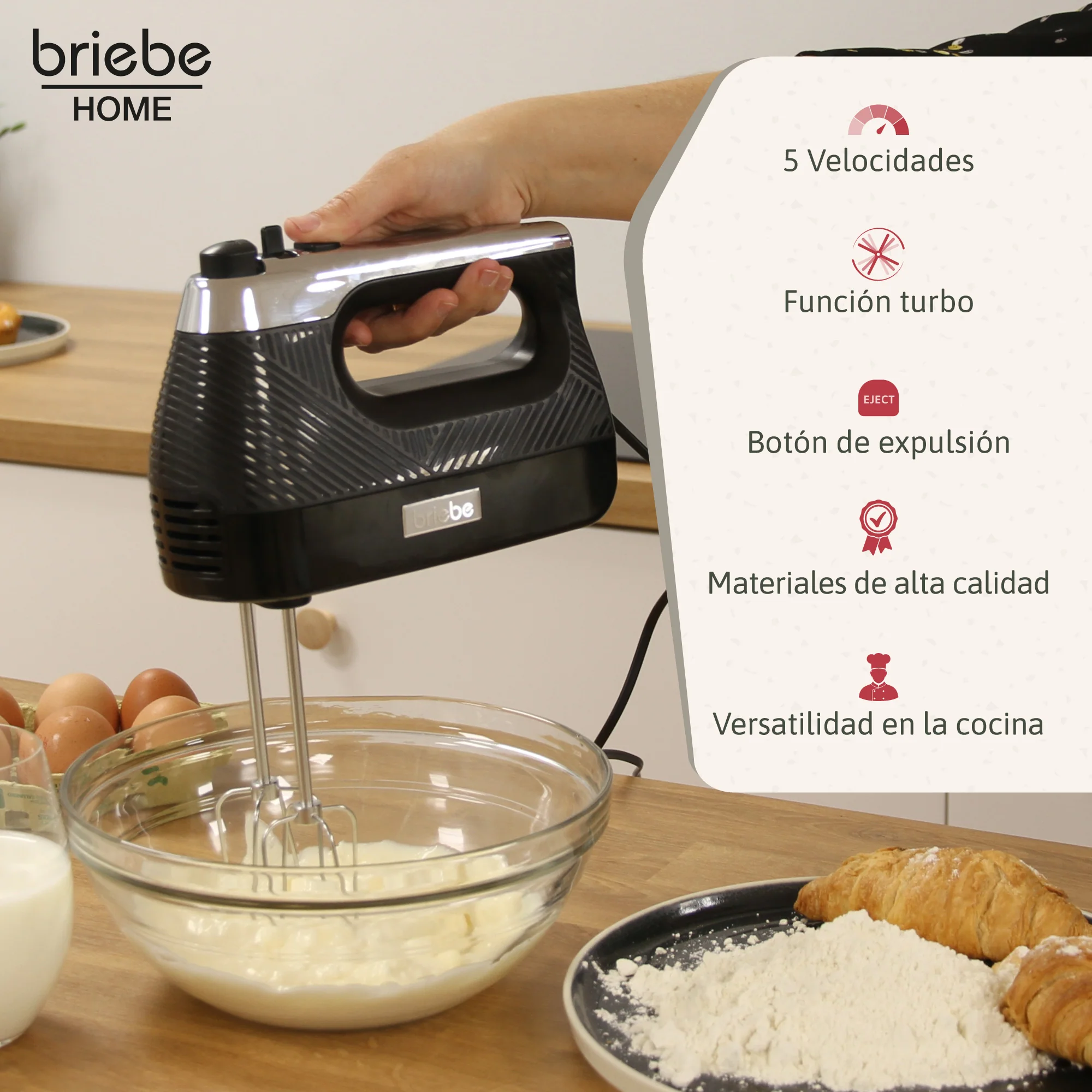 Briebe Batidora De Varillas Eléctrica 400w Amasadora De Mano Especial Repostería 5 Velocidades + Turbo, Hm1174blk, Negro - Image 2