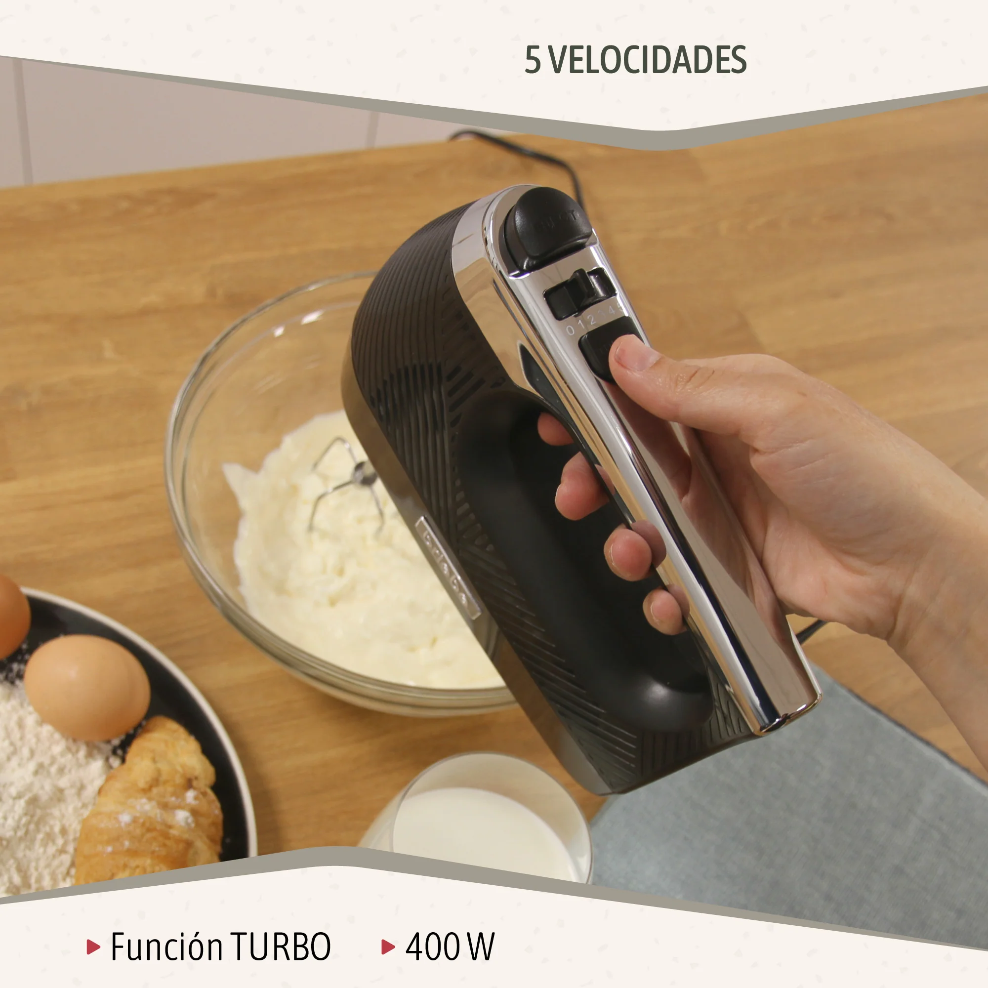 Briebe Batidora De Varillas Eléctrica 400w Amasadora De Mano Especial Repostería 5 Velocidades + Turbo, Hm1174blk, Negro - Image 3