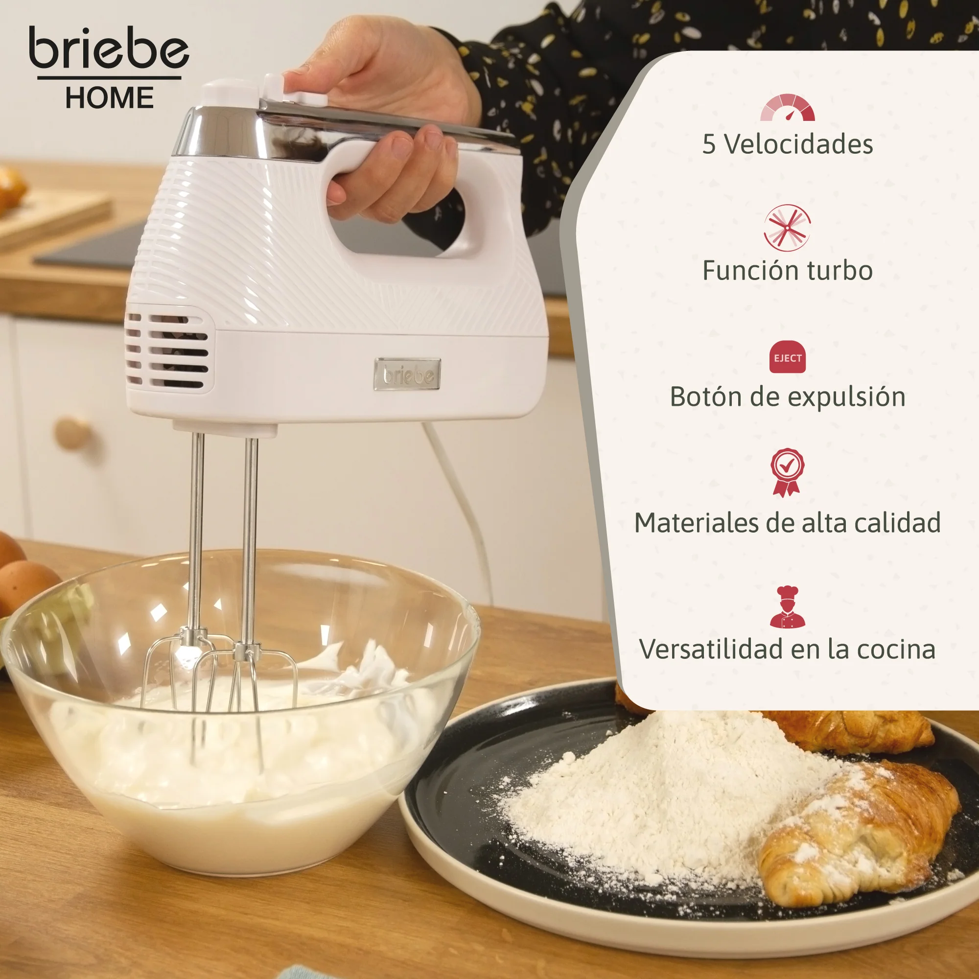 Briebe Batidora De Varillas Eléctrica 400w Amasadora De Mano Especial Repostería 5 Velocidades + Turbo, Hm1174wht,blanco - Image 2