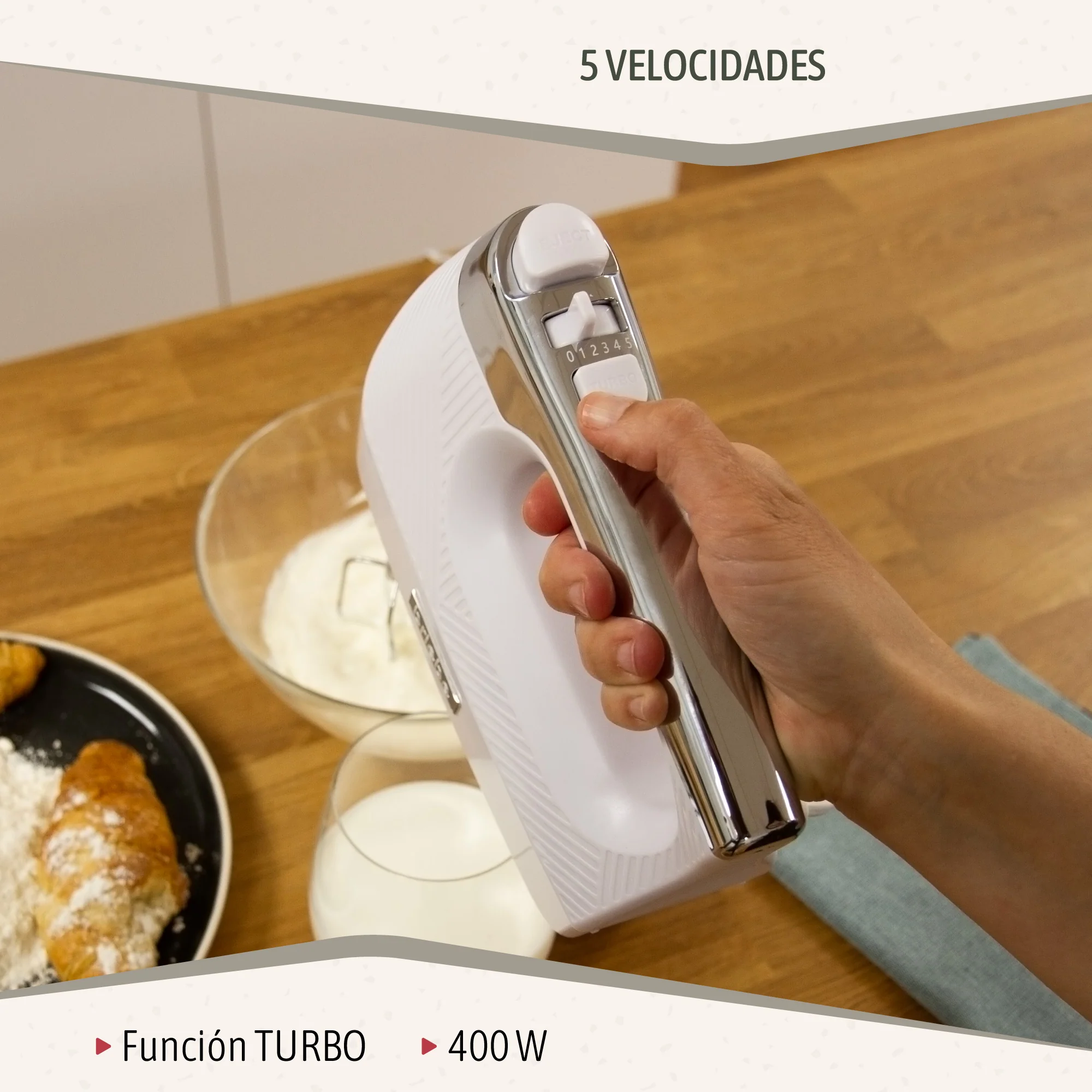 Briebe Batidora De Varillas Eléctrica 400w Amasadora De Mano Especial Repostería 5 Velocidades + Turbo, Hm1174wht,blanco - Image 3