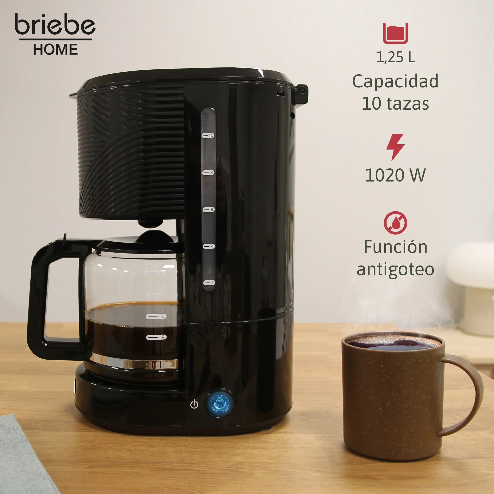 Briebe Cafetera Goteo 10 Tazas Máquina De Café Filtro Reutilizable, Función Mantener Caliente, 1,25 L, Cm1171blk, Negro - Image 2