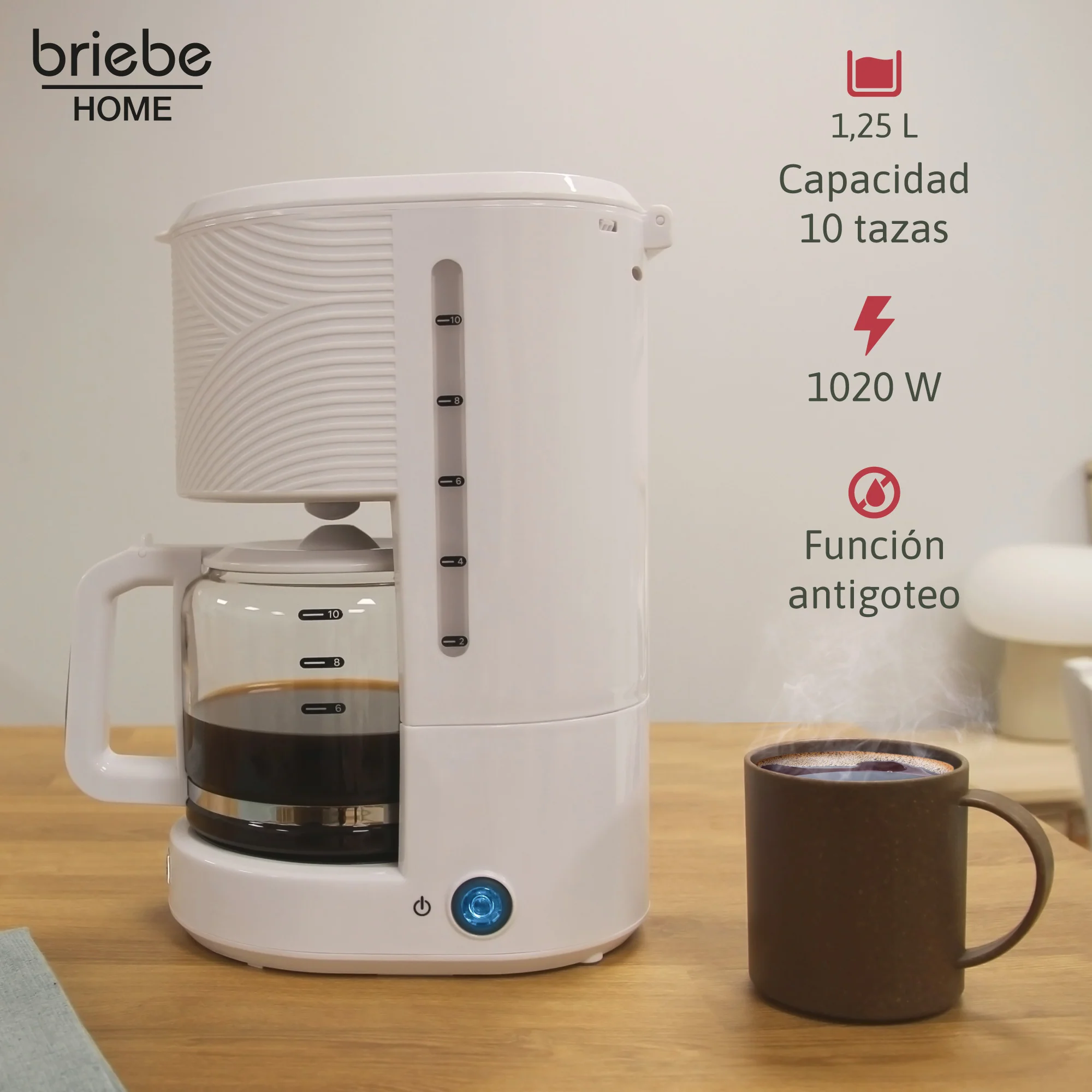 Briebe Cafetera Goteo 10 Tazas Máquina De Café Filtro Reutilizable, Función Mantener Caliente, 1,25 L, Cm1171wht,blanco - Image 2