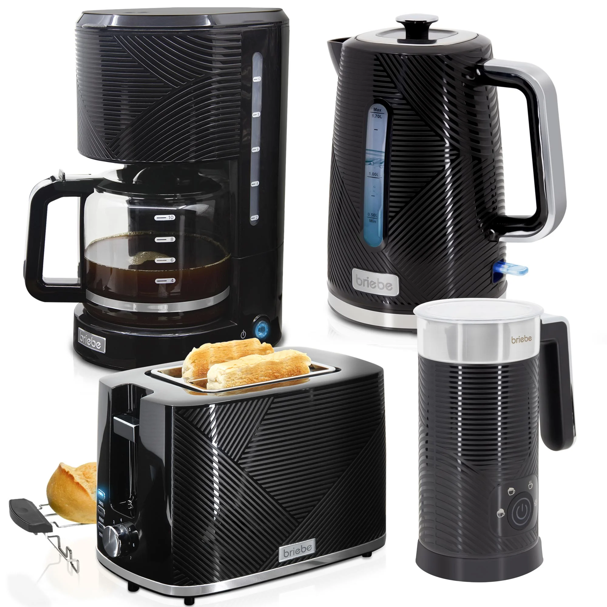 Briebe Elegance Set Tostador Pan 2 Rebanadas, Hervidor Agua Eléctrico Cafetera 1,25l Espumador Leche, Skt1185blk, Negro