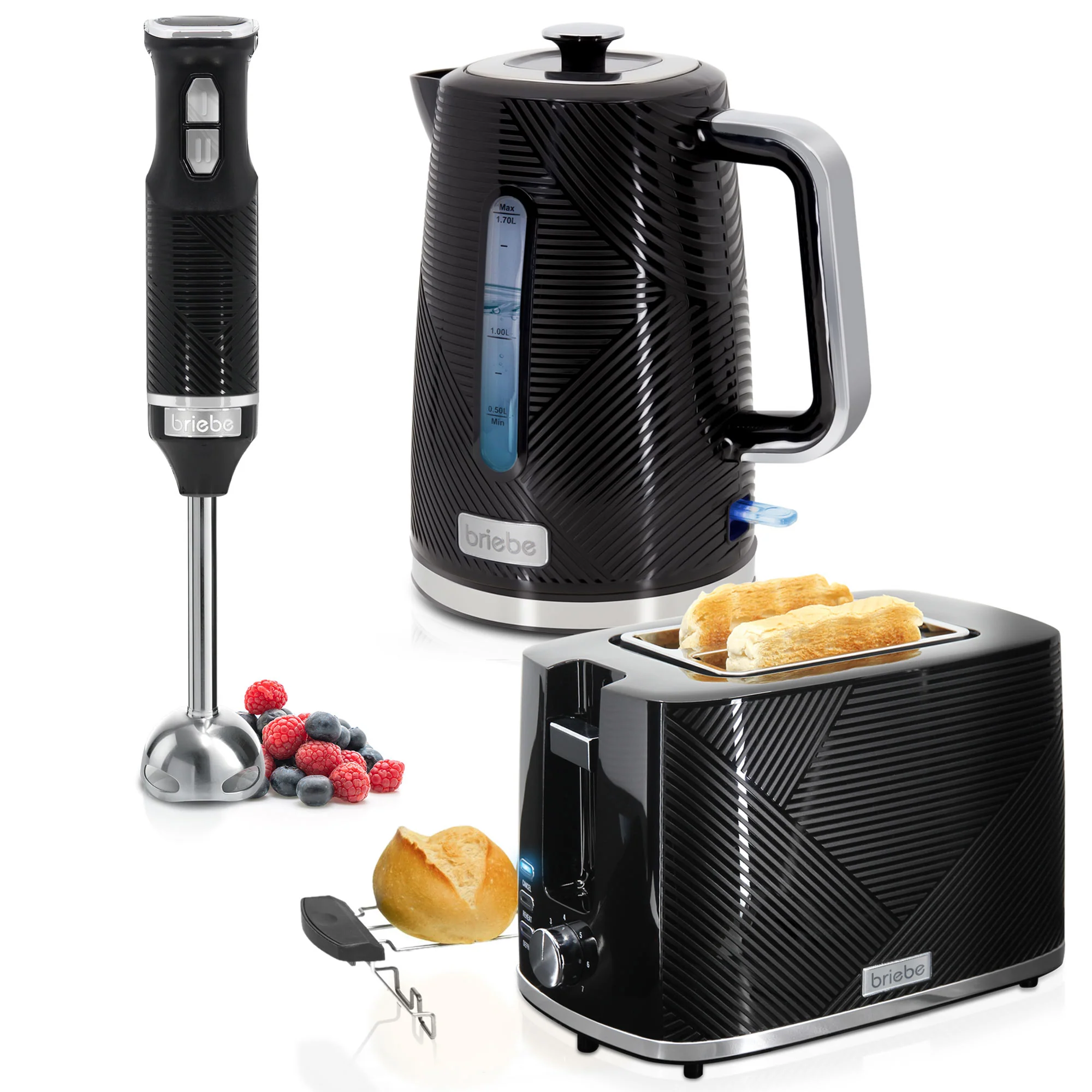 Briebe Elegance Set Tostadora Pan 2 Rebanadas Anchas + Hervidor Agua 1,7l Inalámbrico + Batidora Mano, Skt1186blk, Negro
