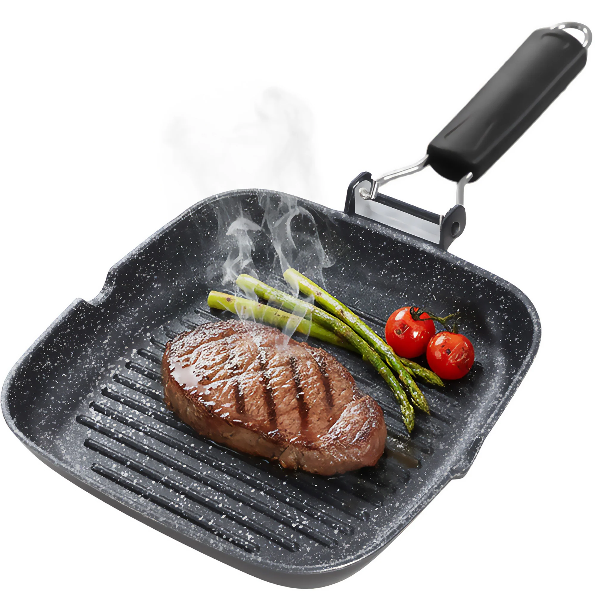 Briebe Grill Asador, Inducción, Antiadherente Titanio 20x20cm Aluminio Fundido Sin Pfoa Mango Plegable, Gp1157, Negro