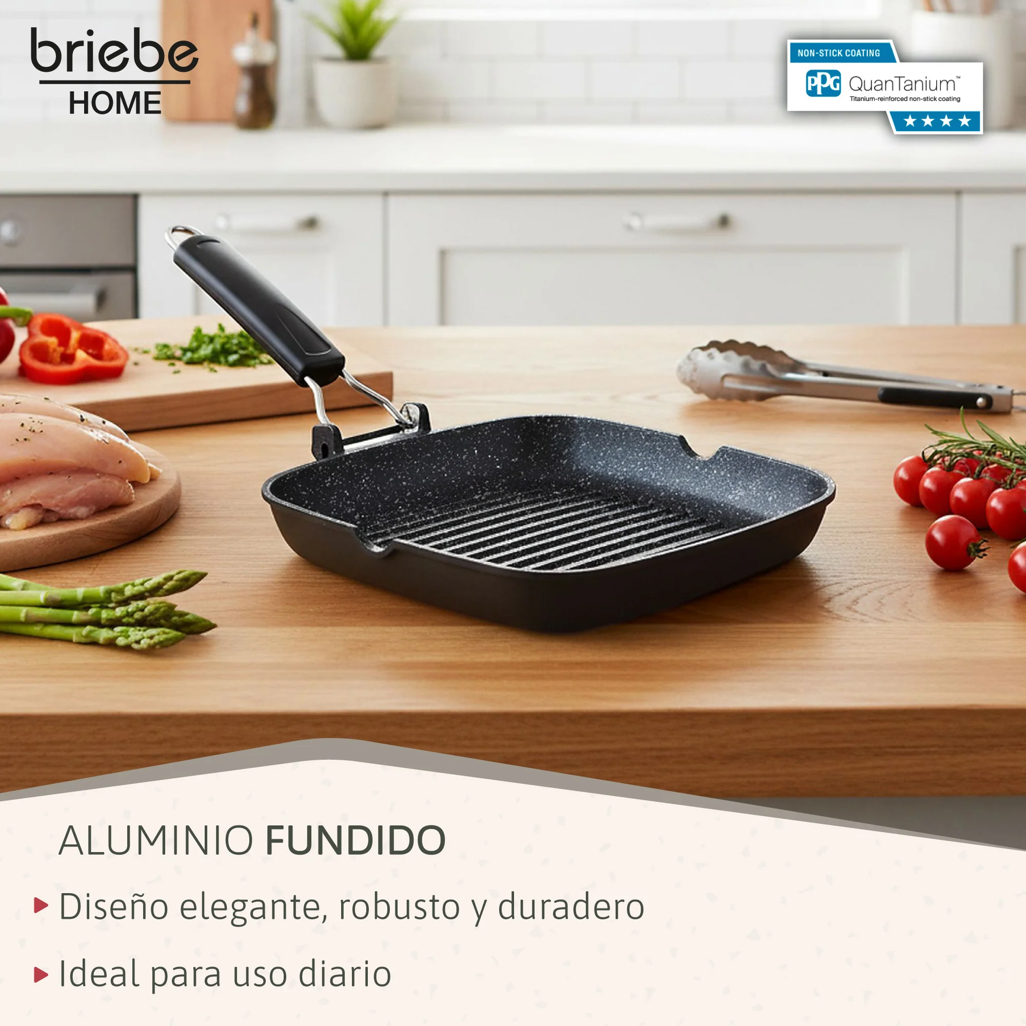 Briebe Grill Asador, Inducción, Antiadherente Titanio 20x20cm Aluminio Fundido Sin Pfoa Mango Plegable, Gp1157, Negro - Image 3