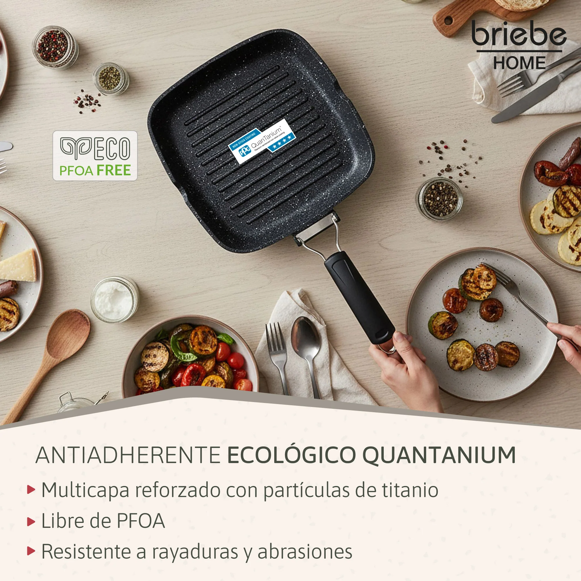 Briebe Grill Asador, Inducción, Antiadherente Titanio 20x20cm Aluminio Fundido Sin Pfoa Mango Plegable, Gp1157, Negro - Image 4