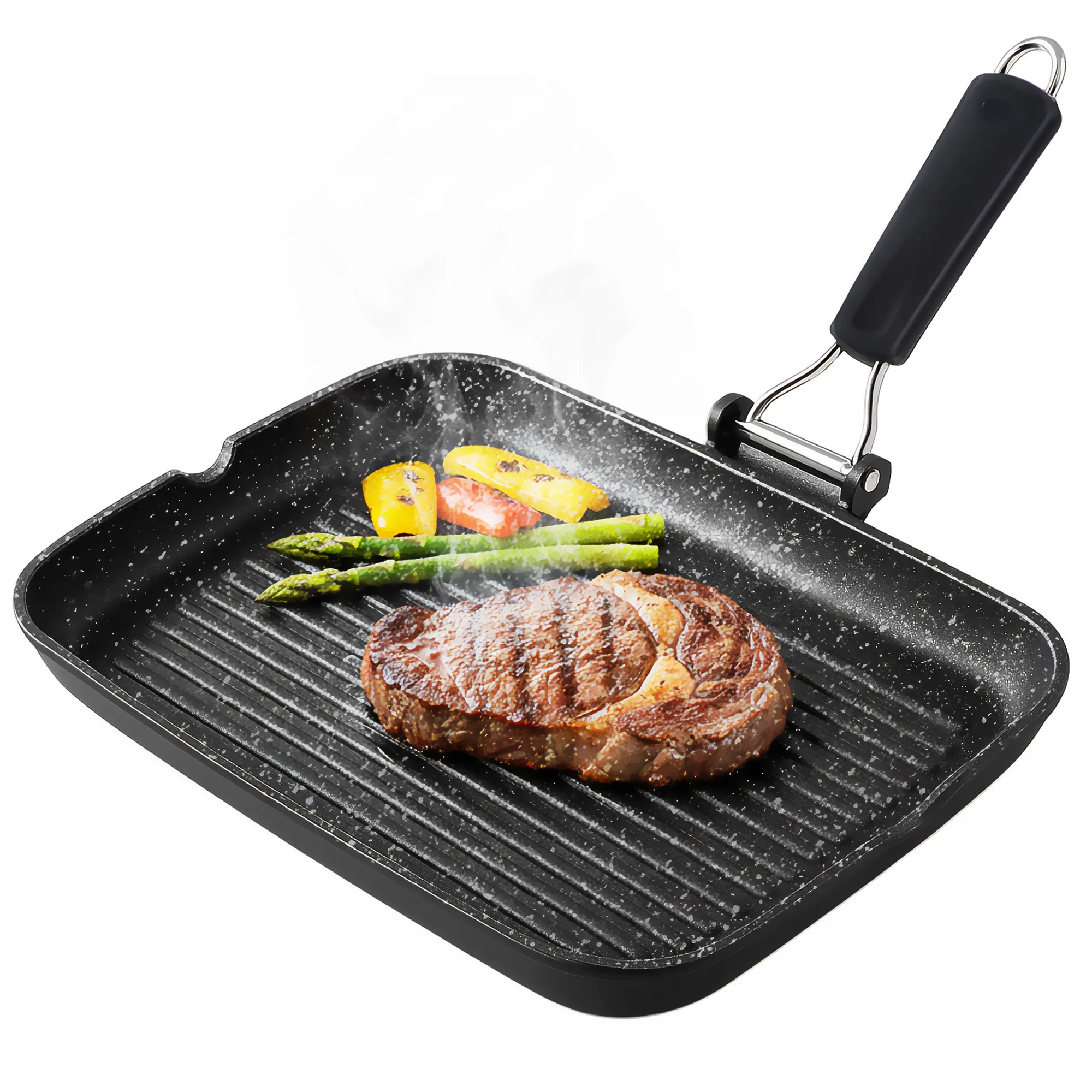Briebe Grill Asador, Inducción, Antiadherente Titanio 34x24cm Aluminio Fundido Sin Pfoa Mango Plegable, Gp1160, Negro