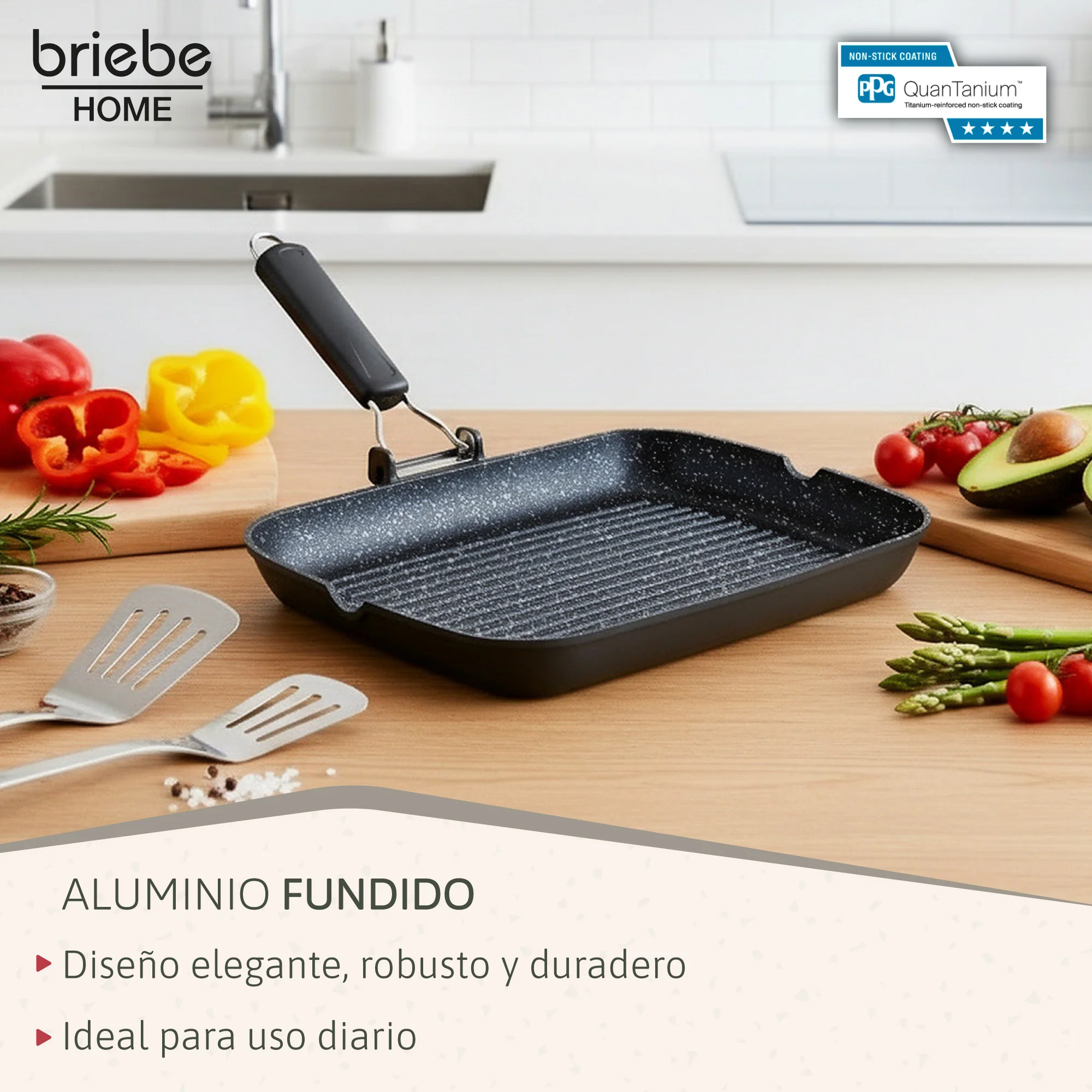 Briebe Grill Asador, Inducción, Antiadherente Titanio 34x24cm Aluminio Fundido Sin Pfoa Mango Plegable, Gp1160, Negro - Image 3