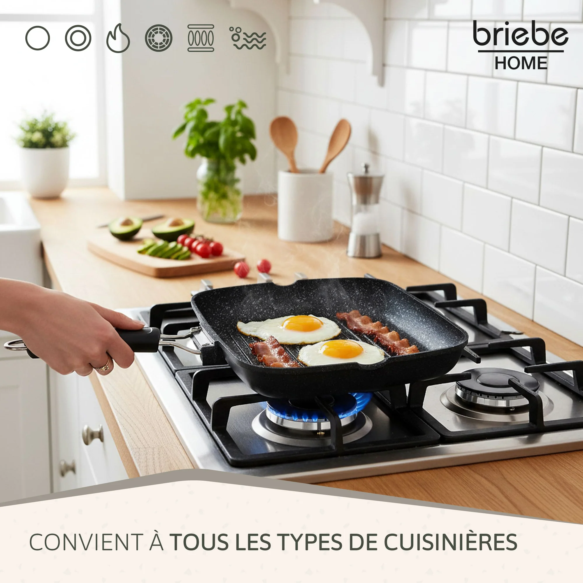 Briebe Grill Asador, Inducción, Antiadherente Titanio 34x24cm Aluminio Fundido Sin Pfoa Mango Plegable, Gp1160, Negro - Image 5