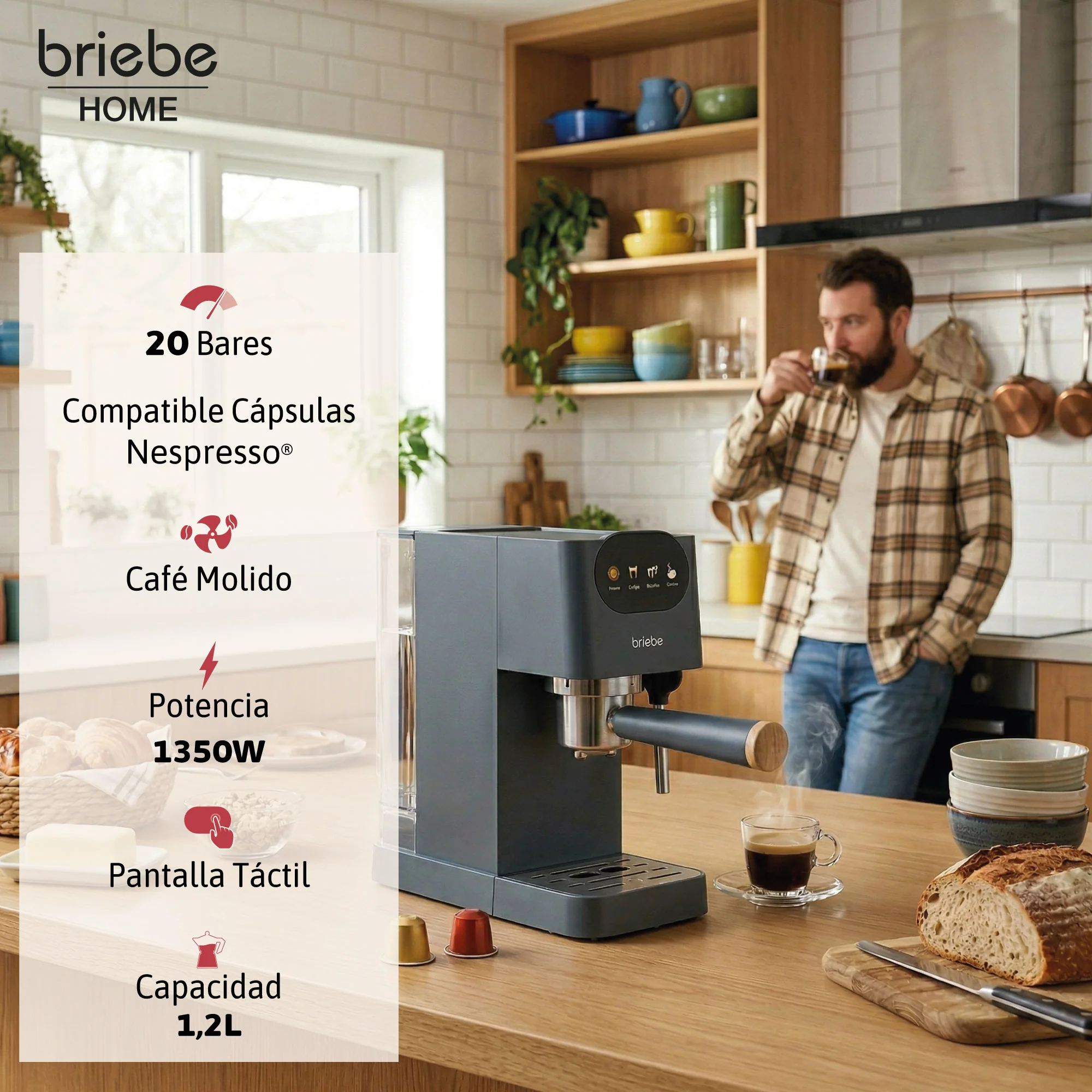 Briebe Nordic Cafetera Espresso 20 Bares Compatible Cápsulas Nespresso Y Café Molido Espumador Leche, Ec1180gry, Gris - Image 3
