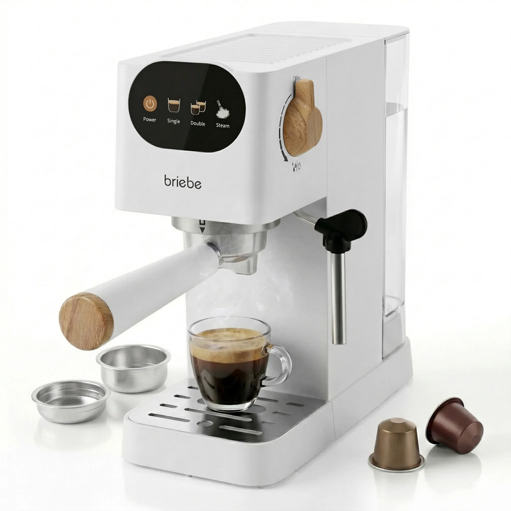 Briebe Nordic Cafetera Espresso 20 Bares Compatible Cápsulas Nespresso Y Café Molido Espumador Leche, Ec1180wht, Blanco