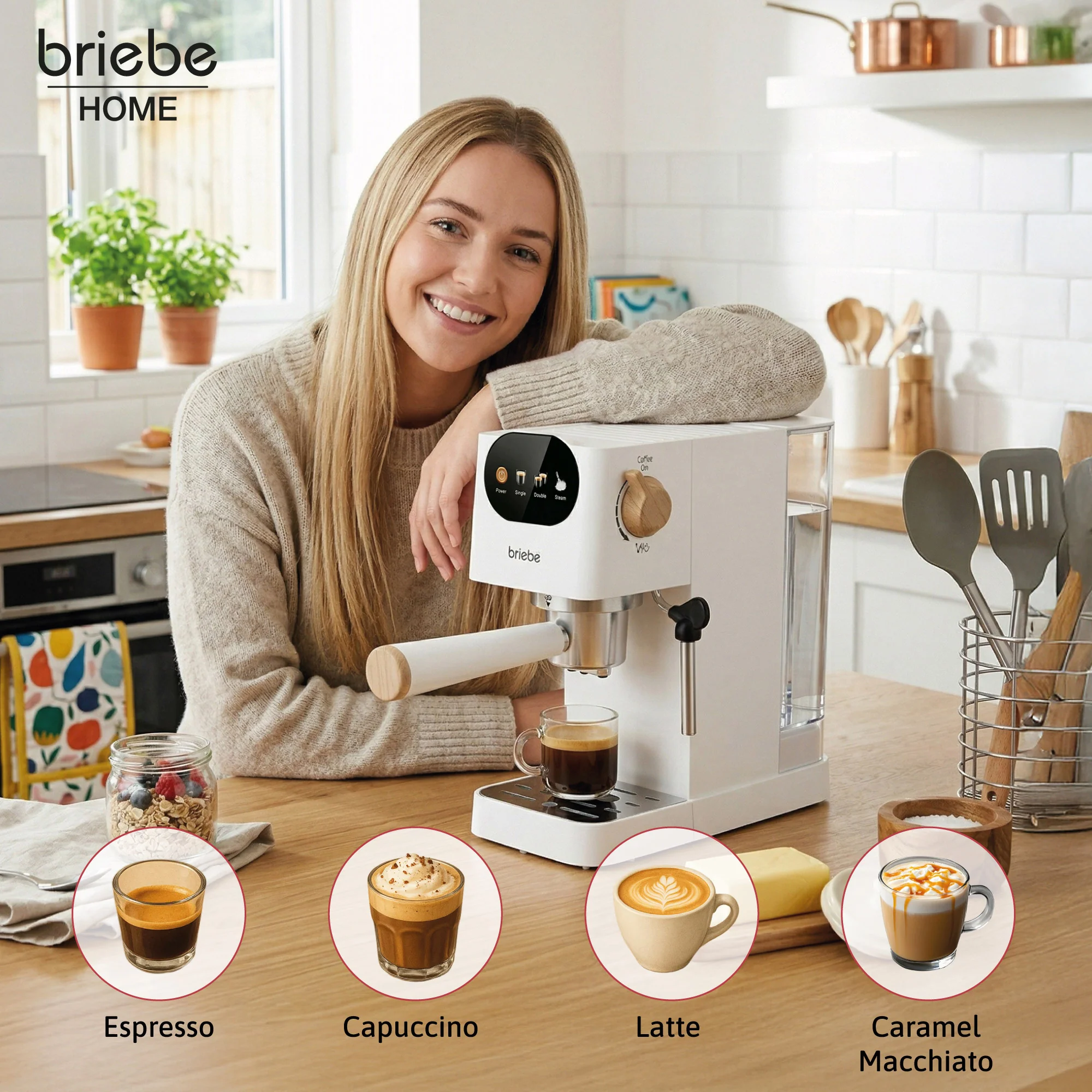 Briebe Nordic Cafetera Espresso 20 Bares Compatible Cápsulas Nespresso Y Café Molido Espumador Leche, Ec1180wht, Blanco - Image 2