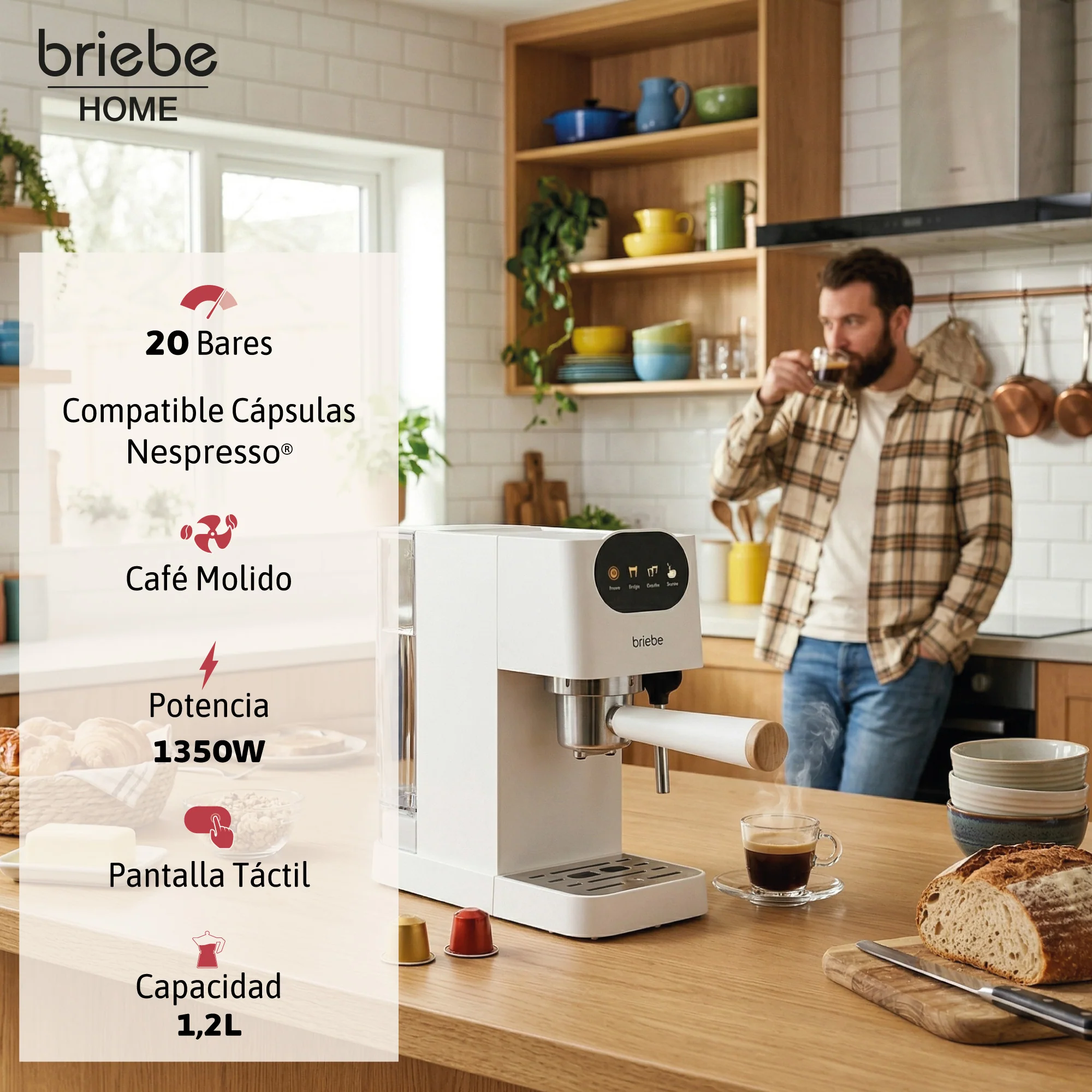 Briebe Nordic Cafetera Espresso 20 Bares Compatible Cápsulas Nespresso Y Café Molido Espumador Leche, Ec1180wht, Blanco - Image 3