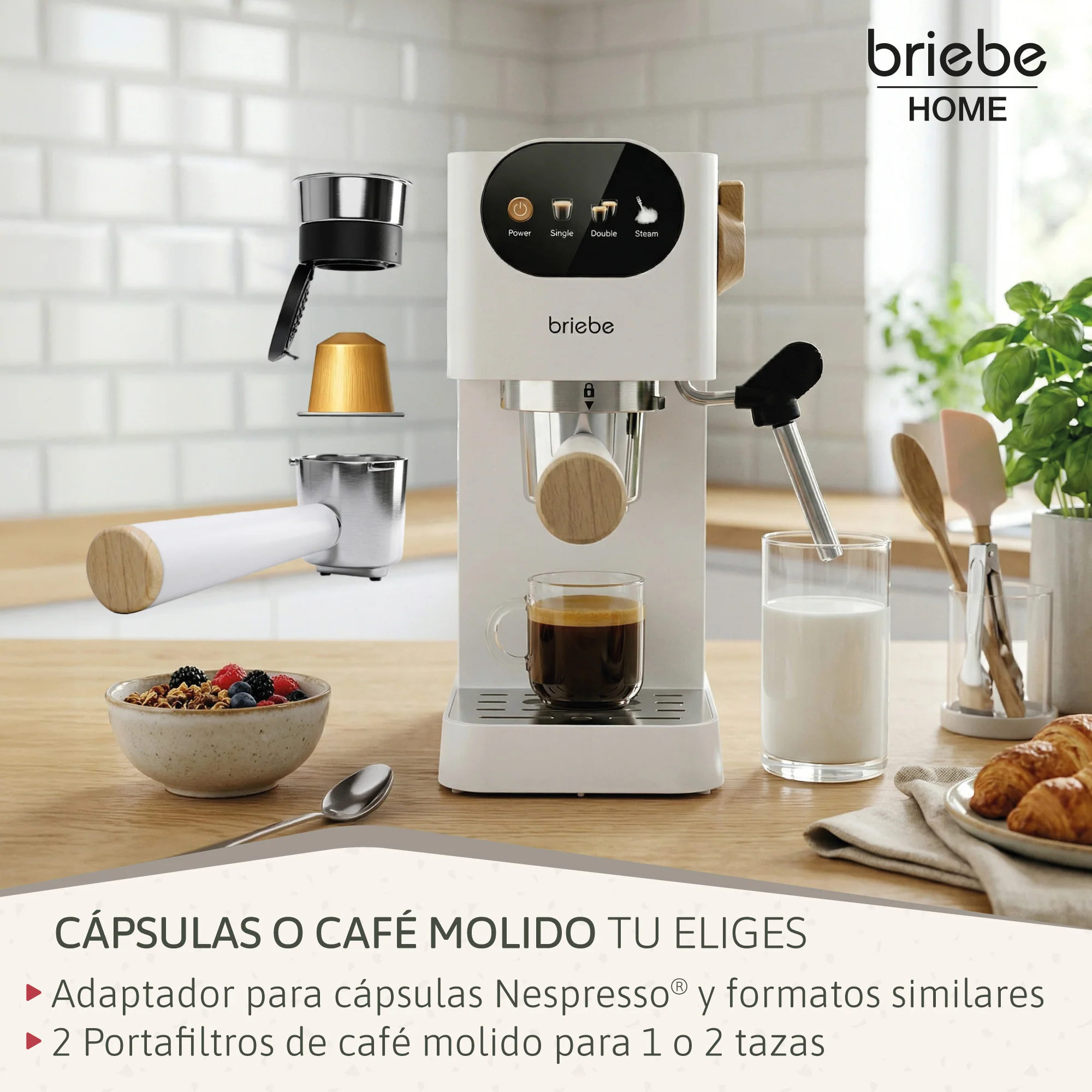 Briebe Nordic Cafetera Espresso 20 Bares Compatible Cápsulas Nespresso Y Café Molido Espumador Leche, Ec1180wht, Blanco - Image 4