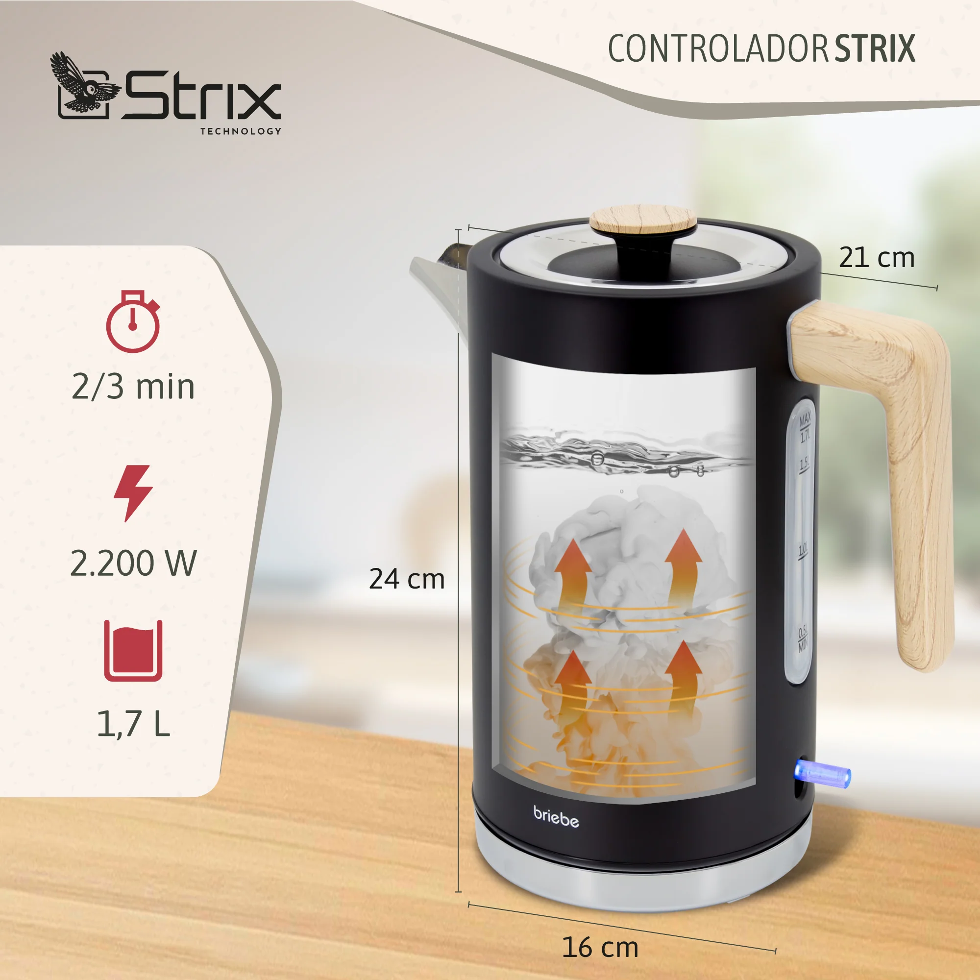 Briebe Nordic Hervidor Agua Eléctrico 1,7l Inalámbrico Ebullición Rápida, Libre De Bpa, Base De 360°, Kt1165blk, Negro - Image 3