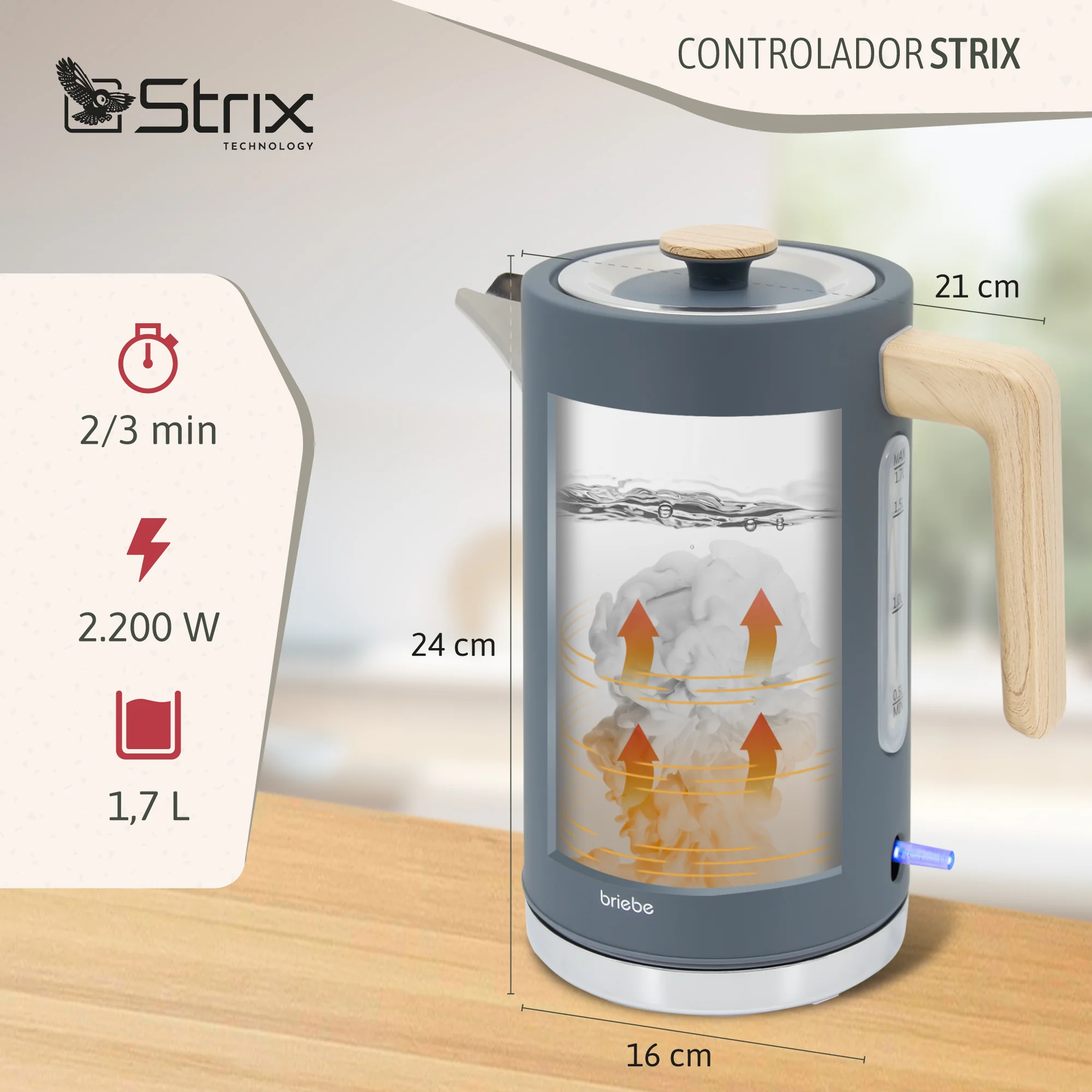 Briebe Nordic Hervidor Agua Eléctrico 1,7l Inalámbrico Ebullición Rápida, Libre De Bpa, Base De 360°, Kt1165gry, Gris - Image 3